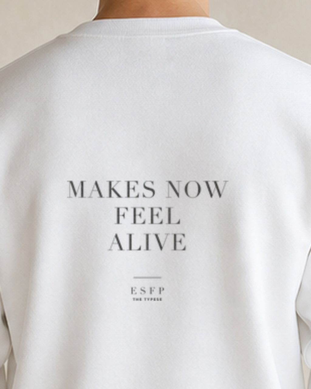 The Typese ESFP Gildan crewneck sweatshirt in white, male back neckline print