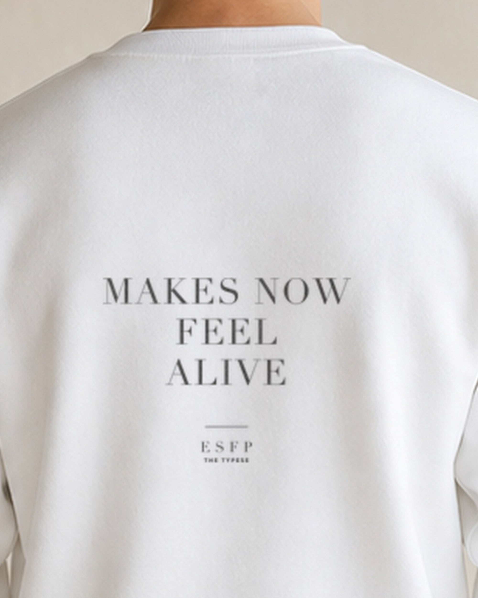 The Typese ESFP Gildan crewneck sweatshirt in white, male back neckline print