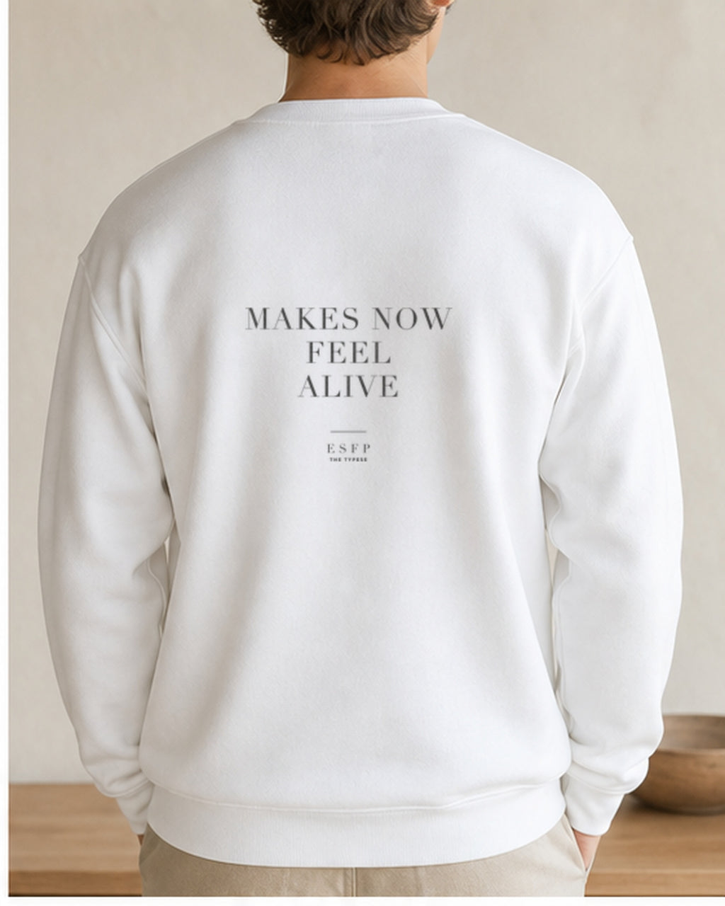 The Typese ESFP Gildan crewneck sweatshirt in white, male back