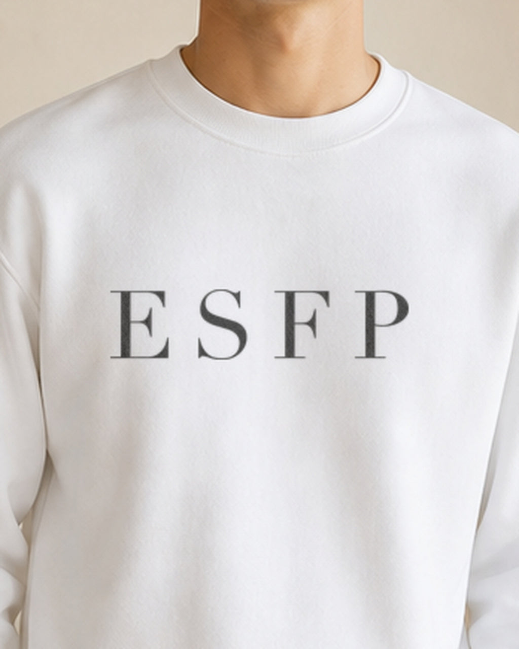 The Typese ESFP Gildan crewneck sweatshirt in white, male front detail
