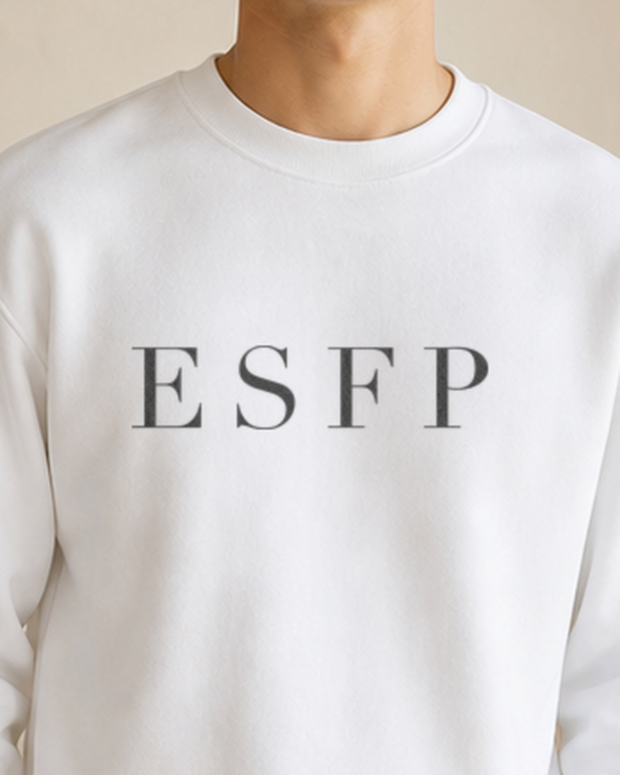 The Typese ESFP Gildan crewneck sweatshirt in white, male front detail