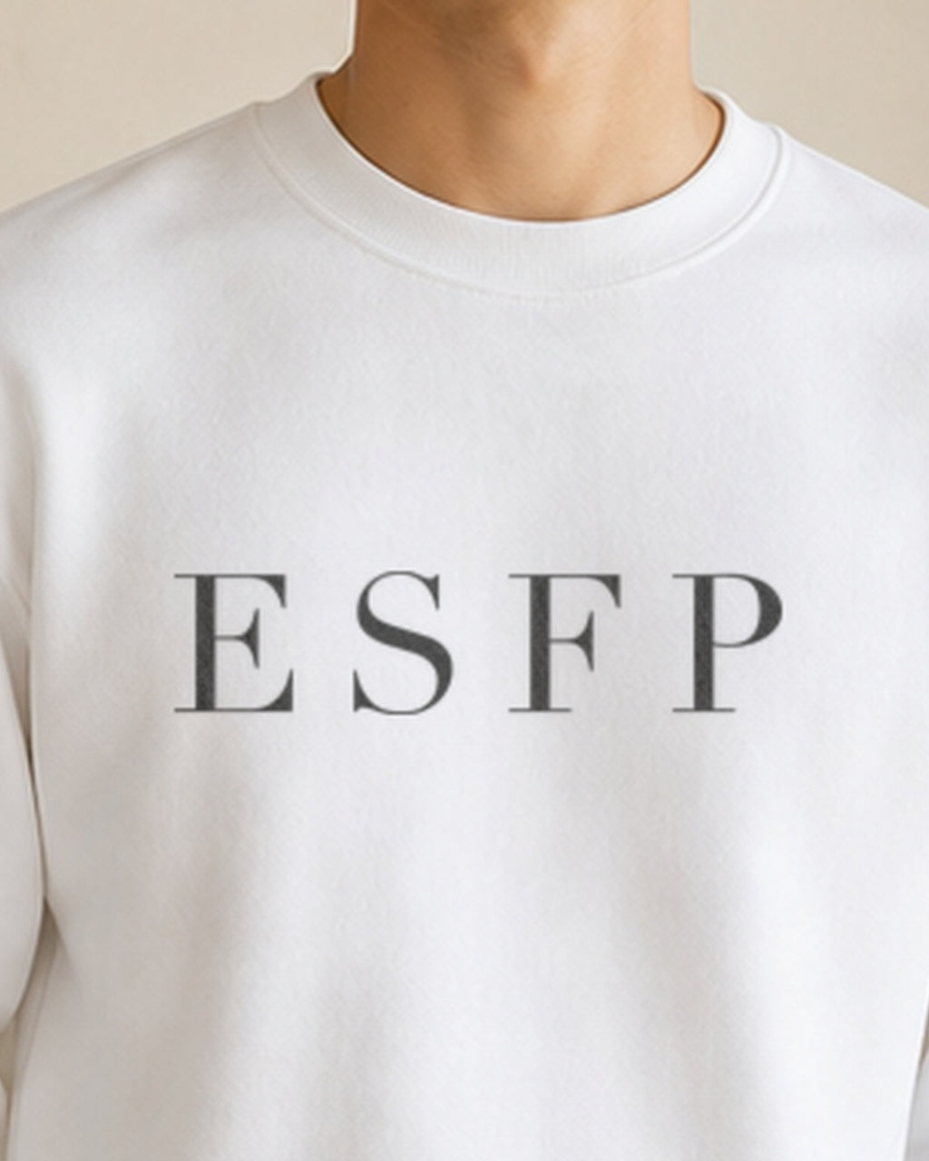 The Typese ESFP Gildan crewneck sweatshirt in white, male front neckline fabric