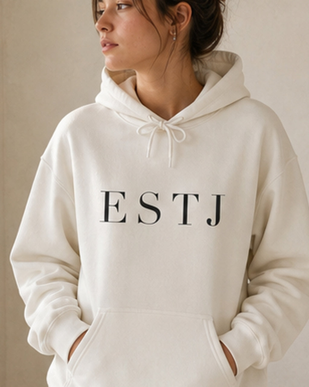 The Typese ESTJ Gildan hoodie in white, female front detail