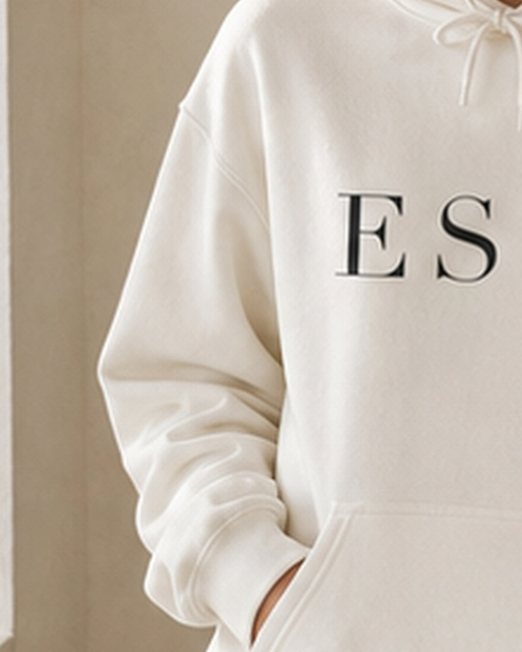The Typese ESTJ Gildan hoodie in white, sleeve detail