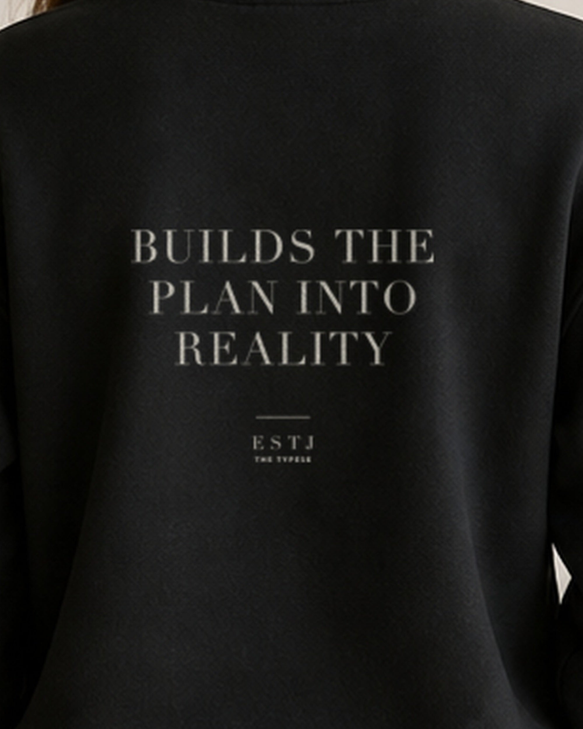 The Typese ESTJ Gildan crewneck sweatshirt in black, female back print close