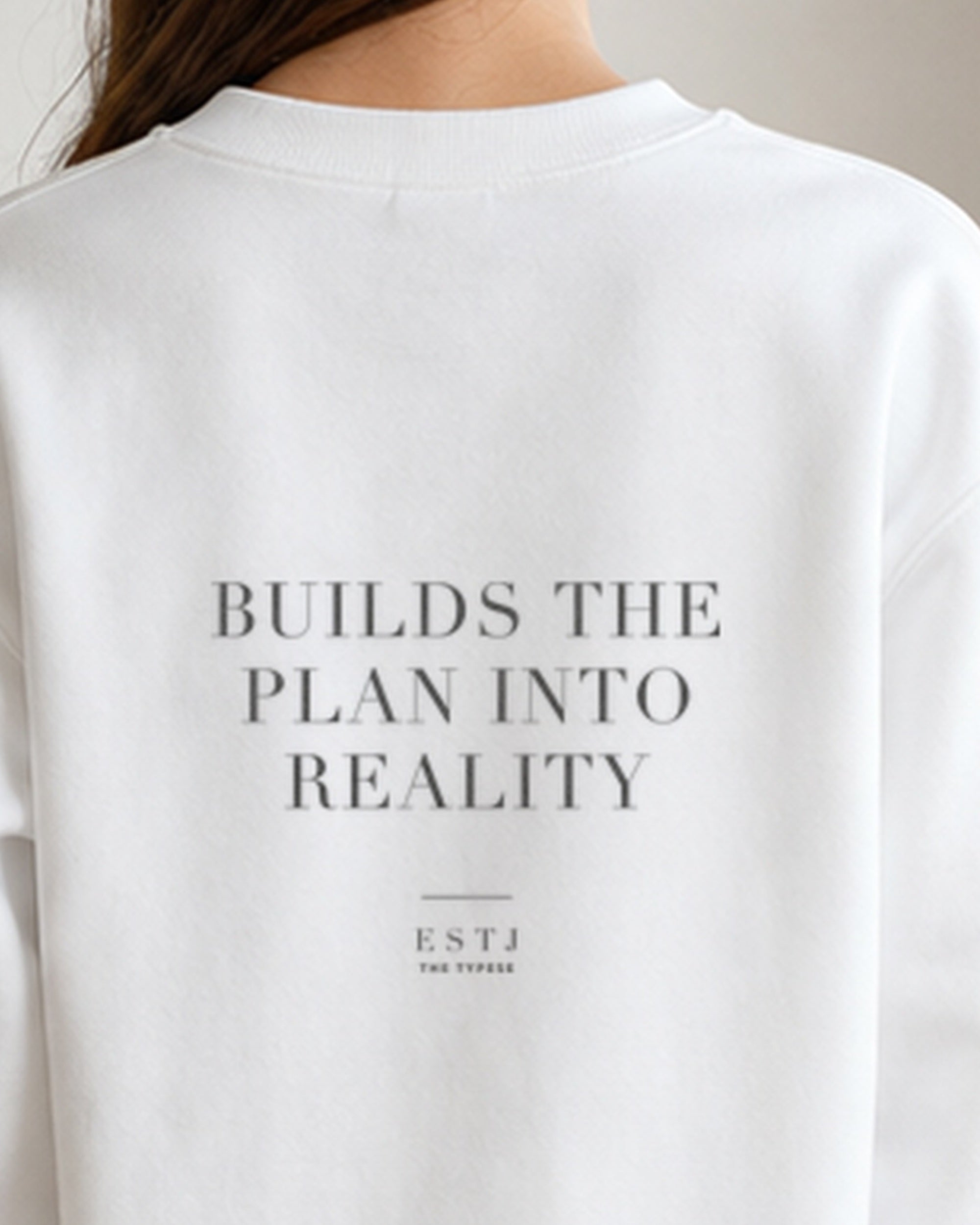 The Typese ESTJ Gildan crewneck sweatshirt in white, female back neckline print