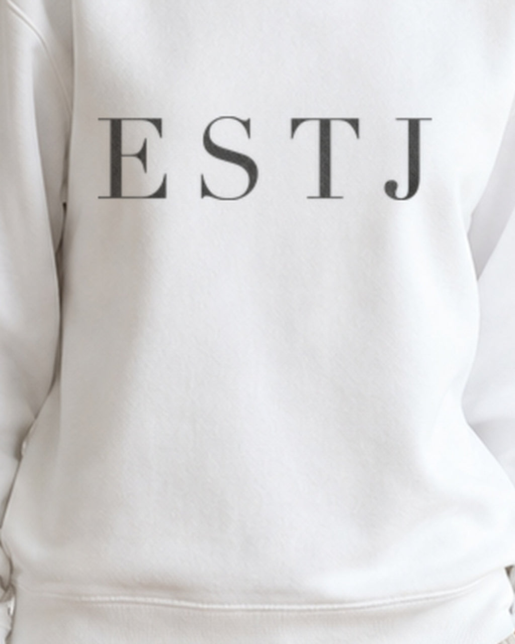 The Typese ESTJ Gildan crewneck sweatshirt in white, female front print close