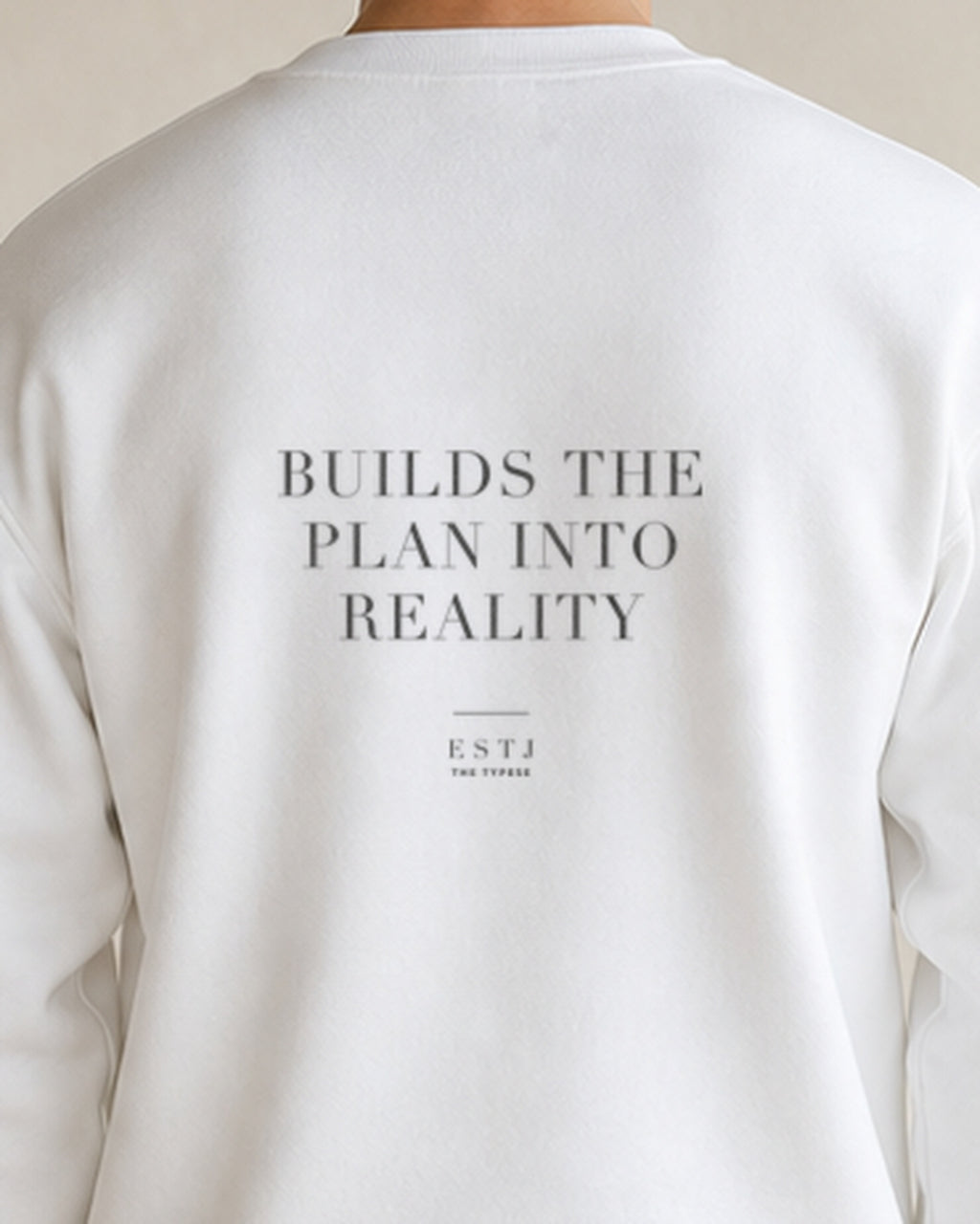 The Typese ESTJ Gildan crewneck sweatshirt in white, male back detail