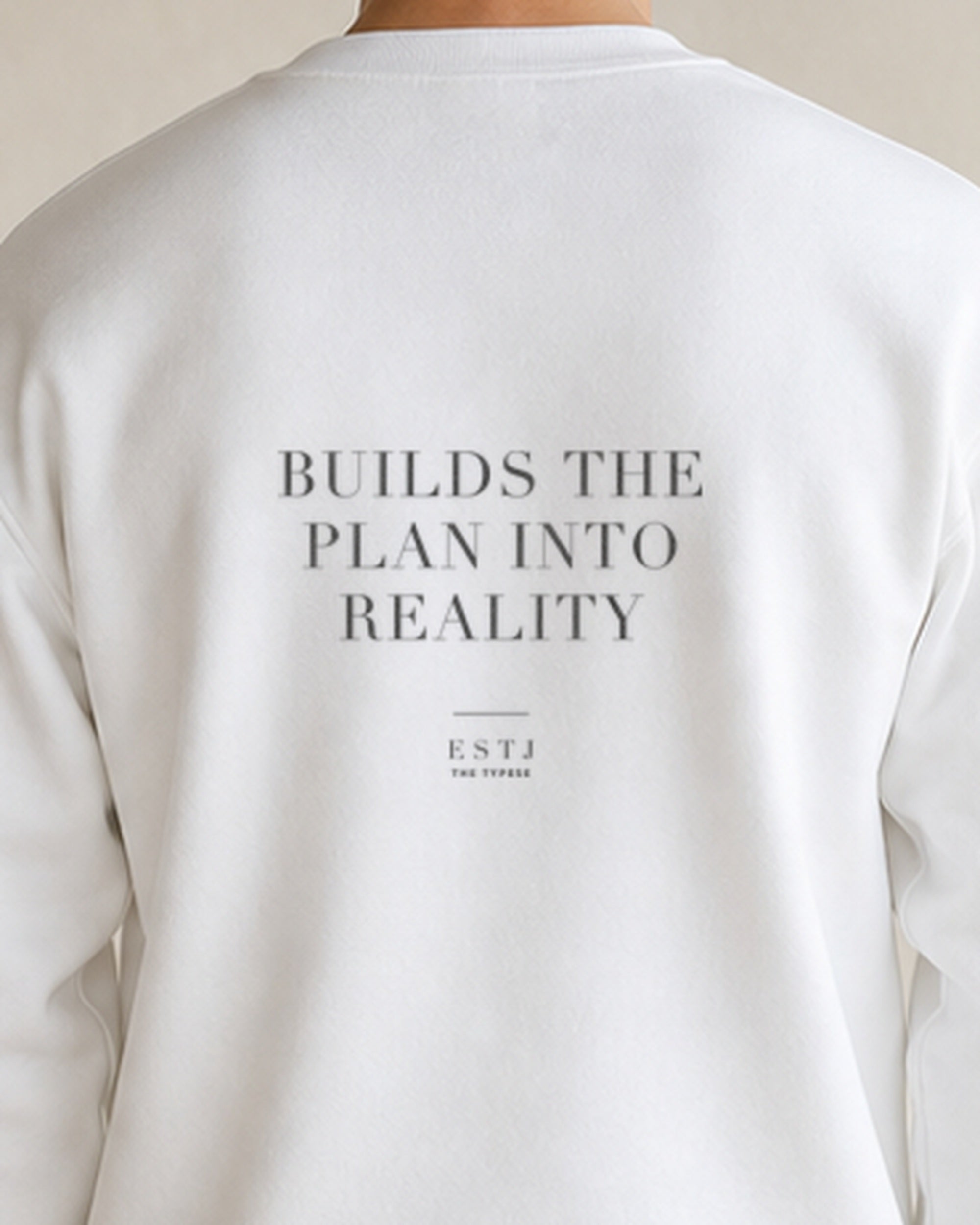 The Typese ESTJ Gildan crewneck sweatshirt in white, male back detail