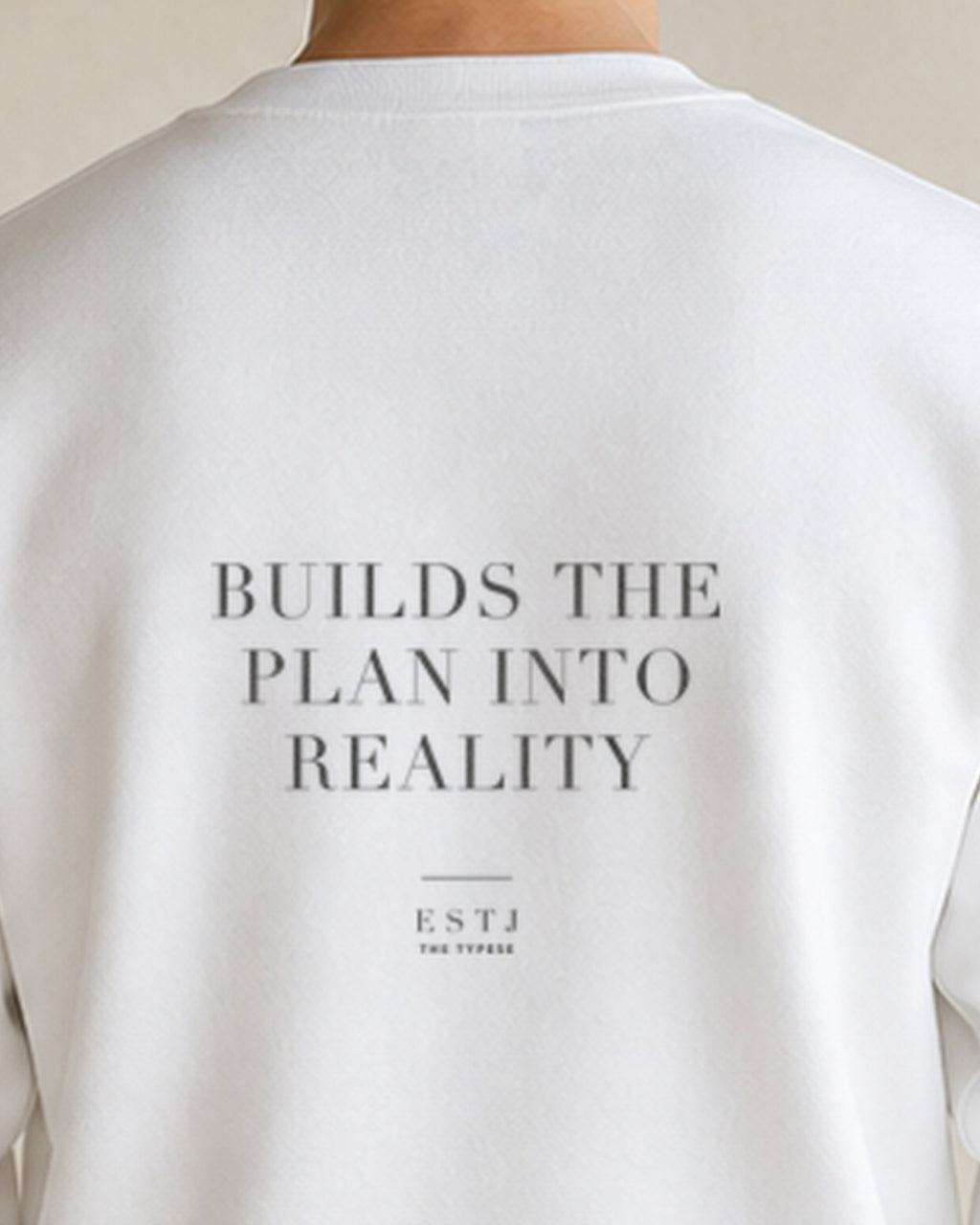 The Typese ESTJ Gildan crewneck sweatshirt in white, male back neckline print