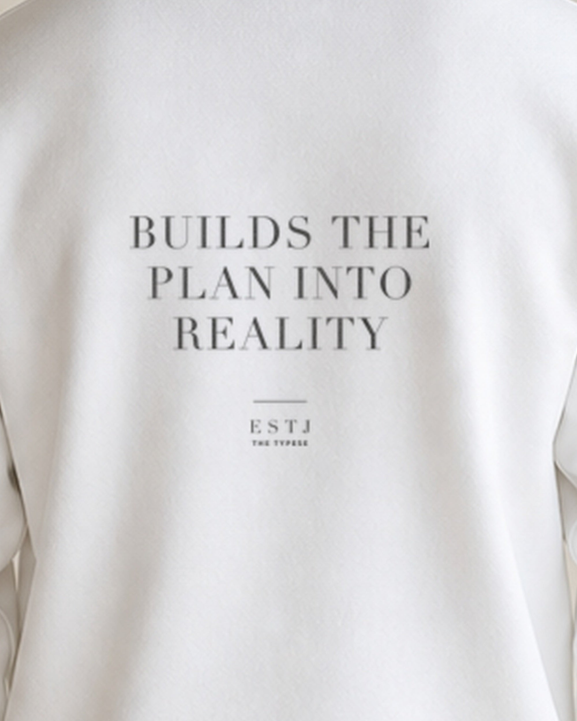 The Typese ESTJ Gildan crewneck sweatshirt in white, male back print close