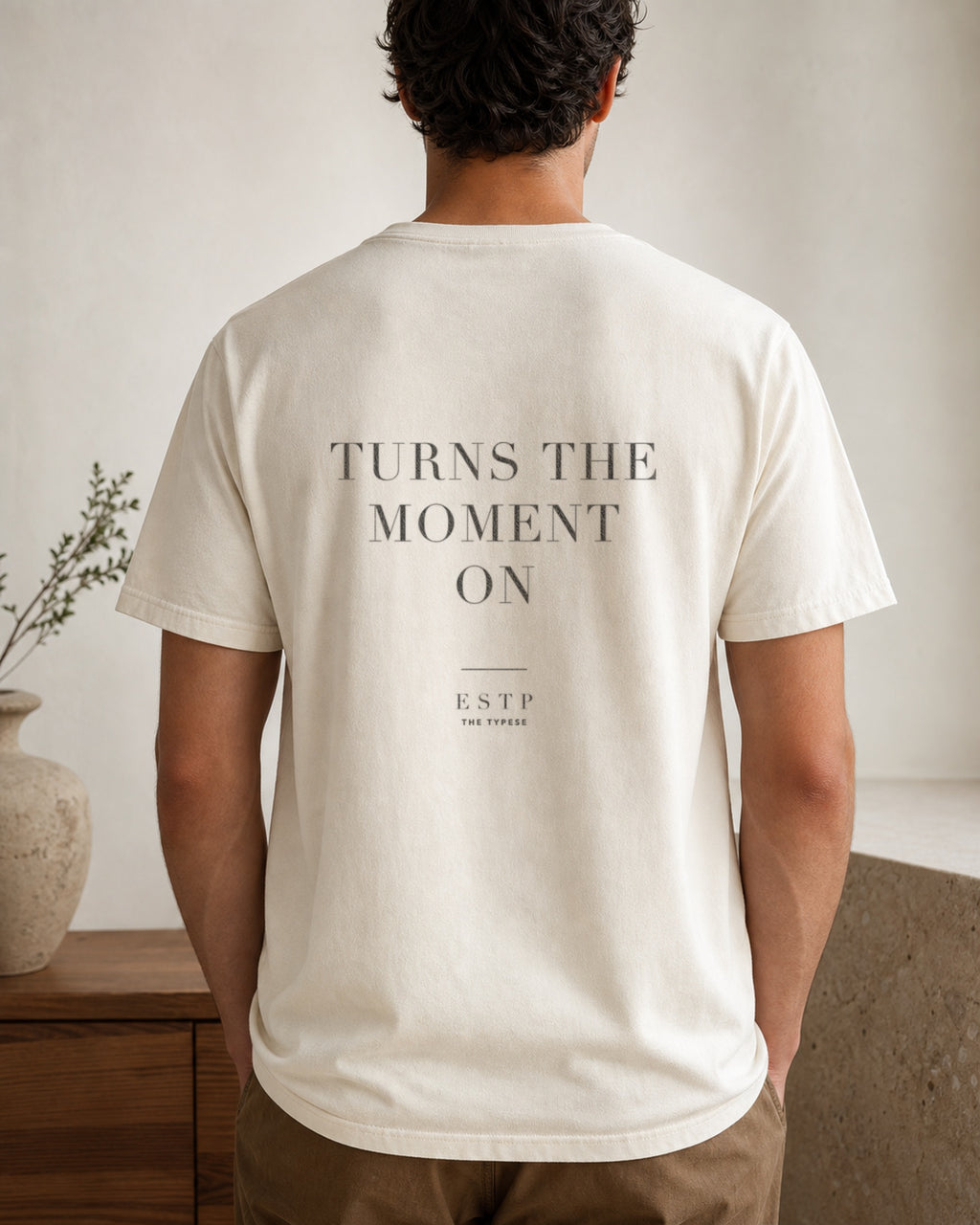The Typese ESTP Comfort Colors Tee in cream white, male back