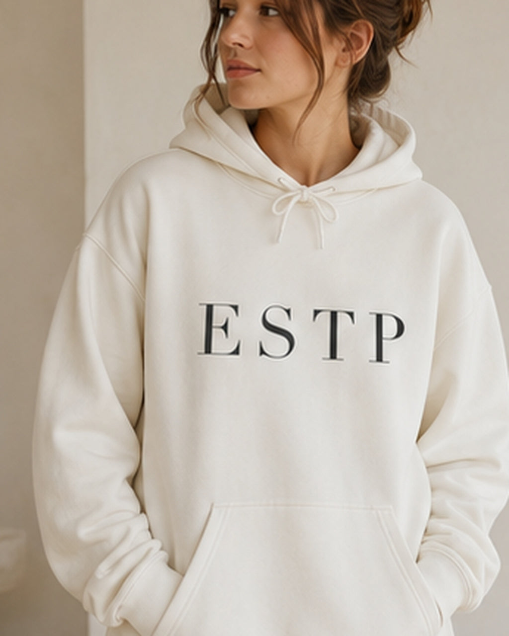 The Typese ESTP Gildan hoodie in white, female front detail