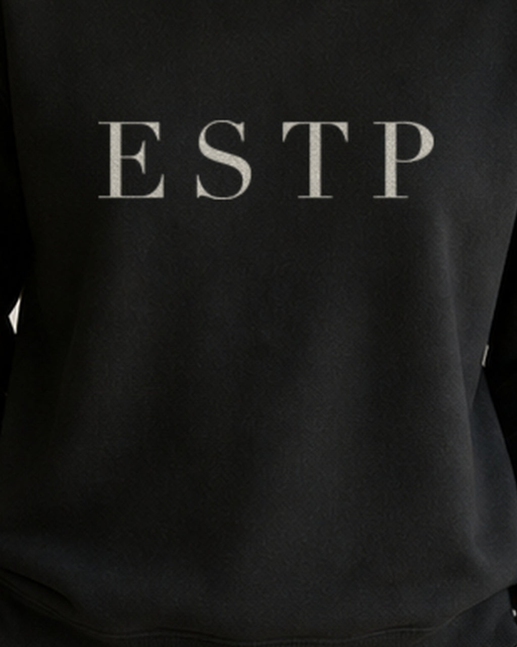 The Typese ESTP Gildan crewneck sweatshirt in black, female front print close