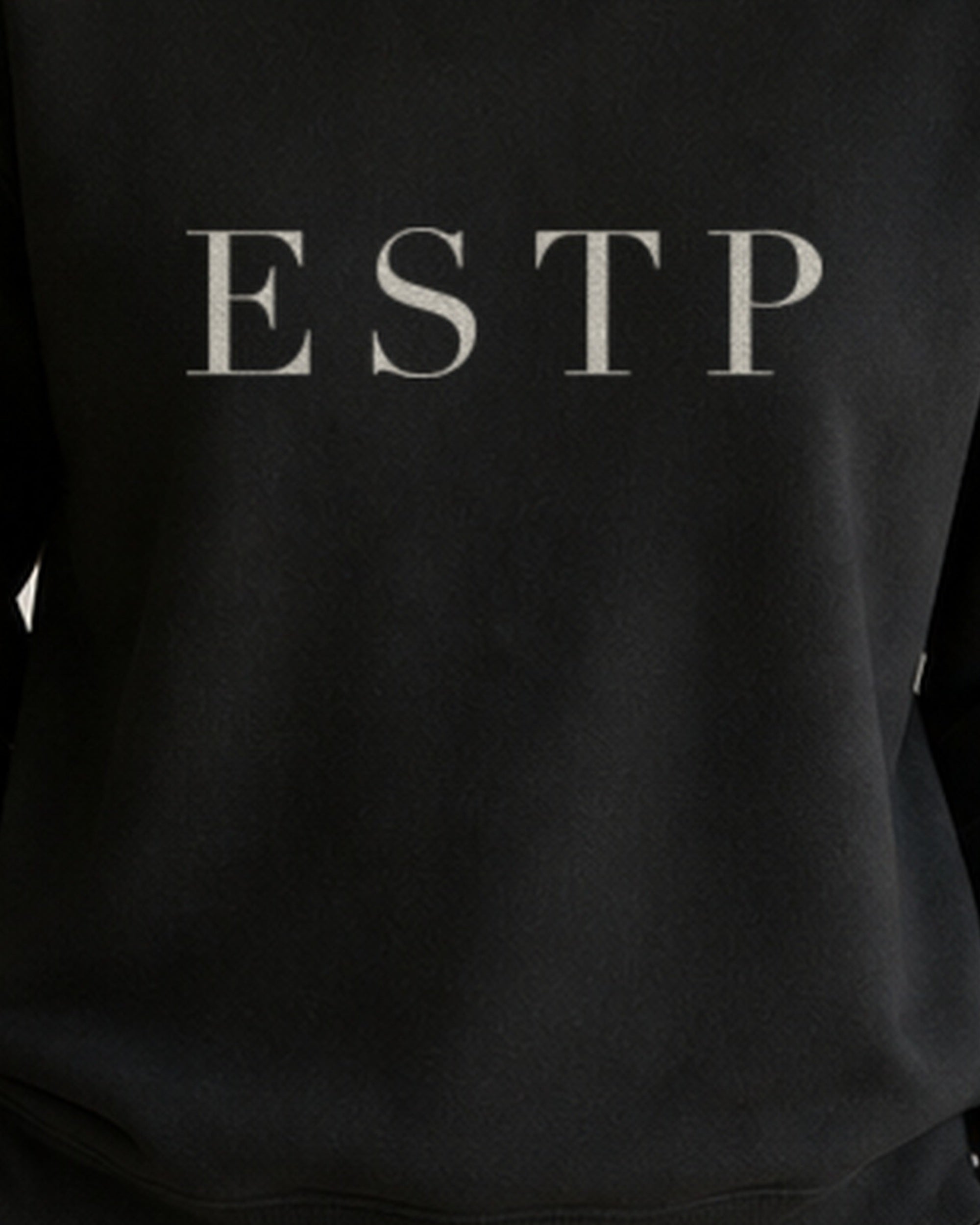 The Typese ESTP Gildan crewneck sweatshirt in black, female front print close