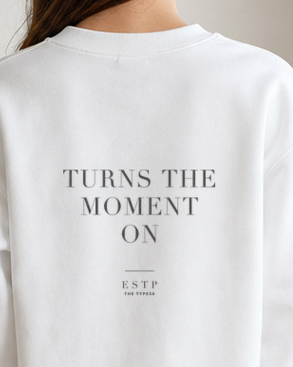 The Typese ESTP Gildan crewneck sweatshirt in white, female back neckline print