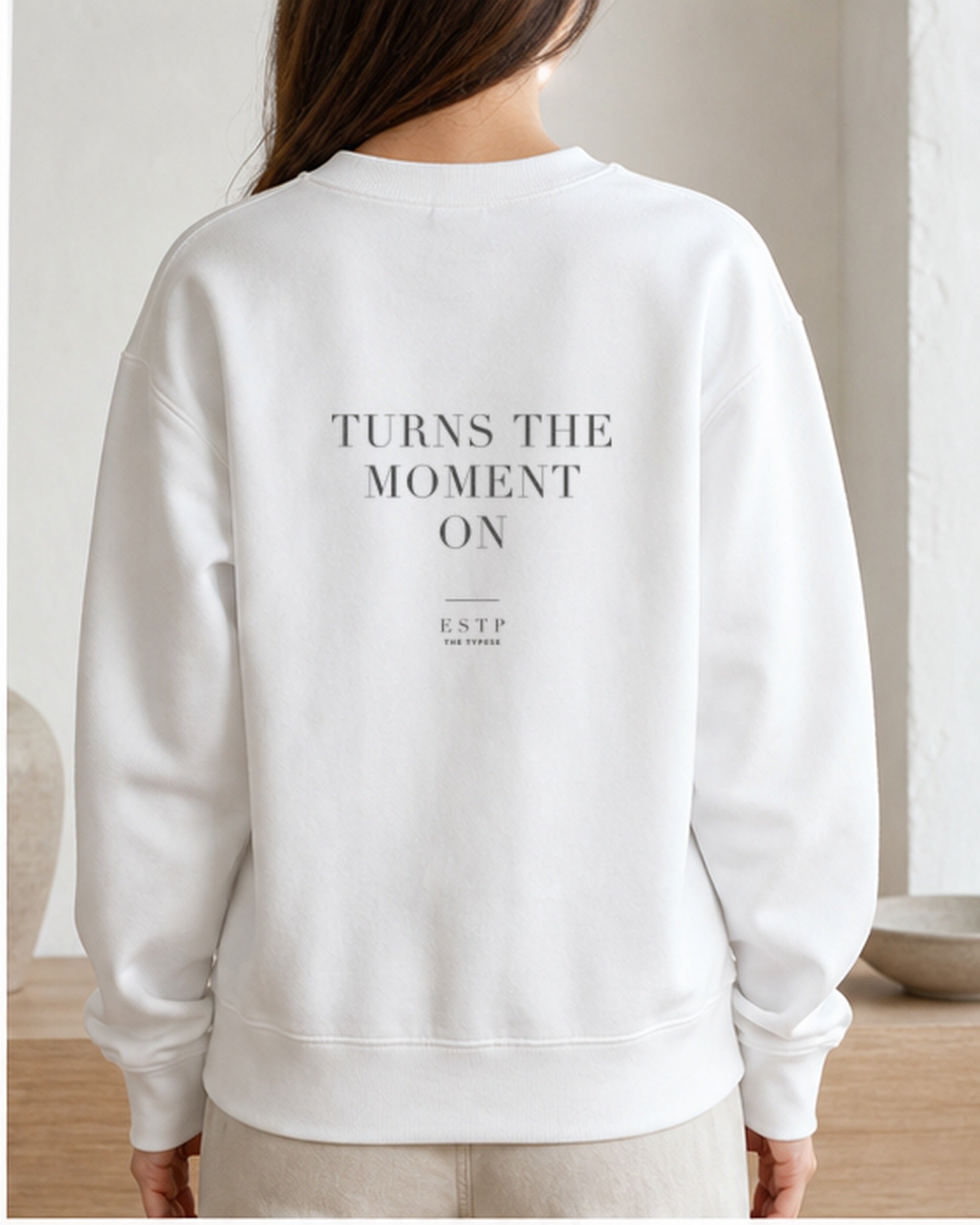 The Typese ESTP Gildan crewneck sweatshirt in white, female back