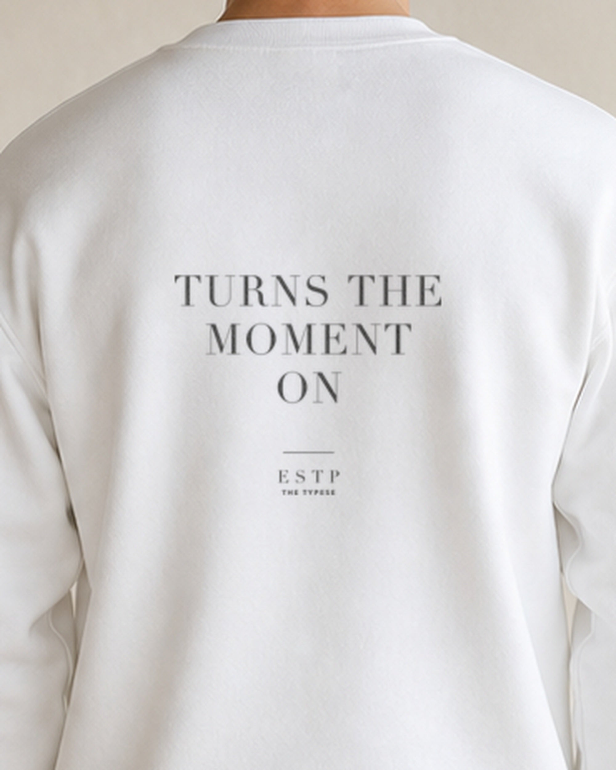 The Typese ESTP Gildan crewneck sweatshirt in white, male back detail
