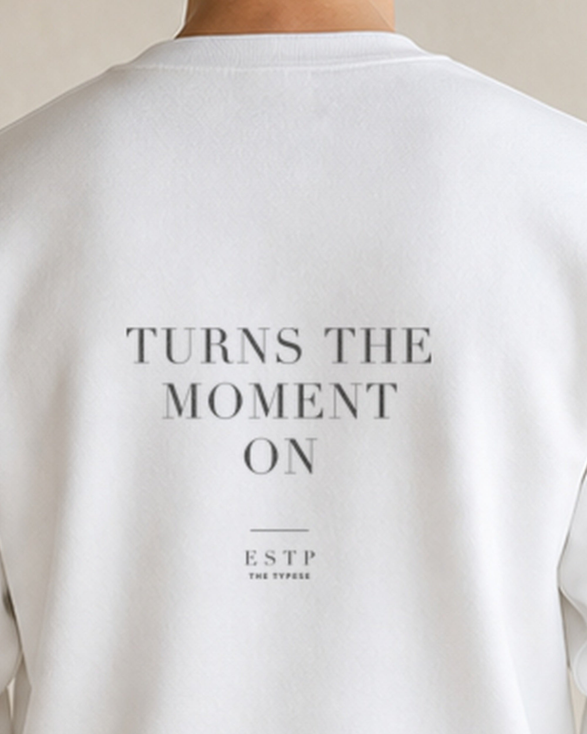 The Typese ESTP Gildan crewneck sweatshirt in white, male back neckline print