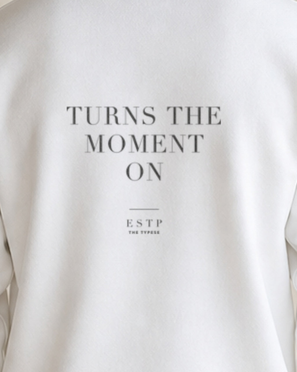 The Typese ESTP Gildan crewneck sweatshirt in white, male back print close