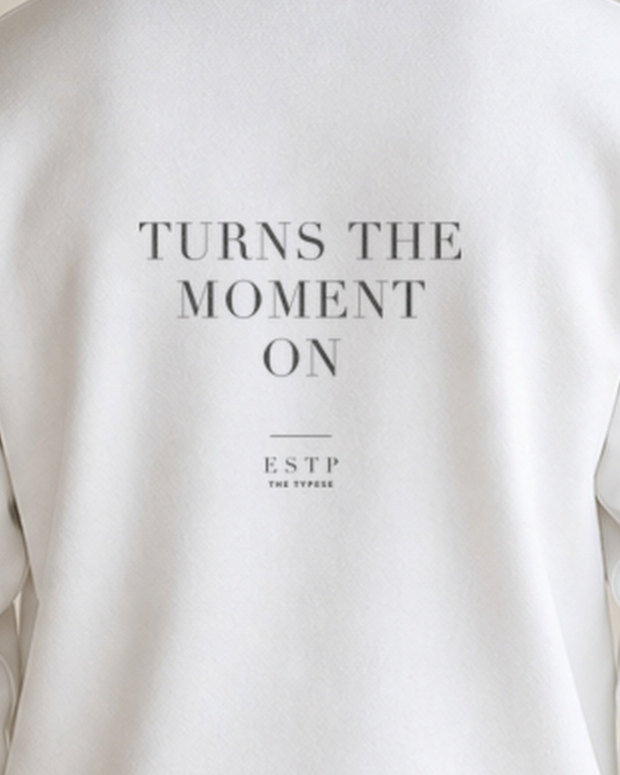 The Typese ESTP Gildan crewneck sweatshirt in white, male back print close