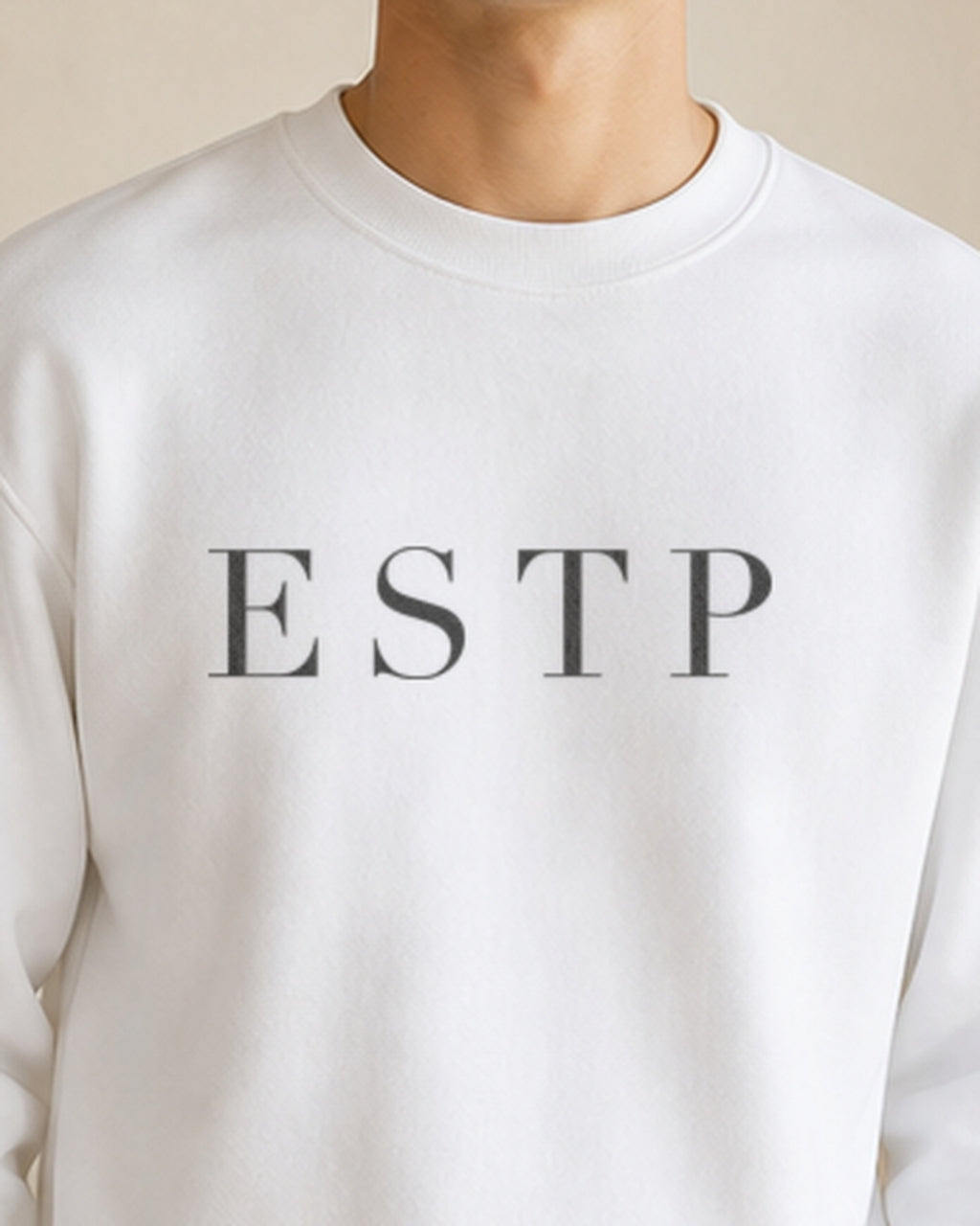 The Typese ESTP Gildan crewneck sweatshirt in white, male front detail