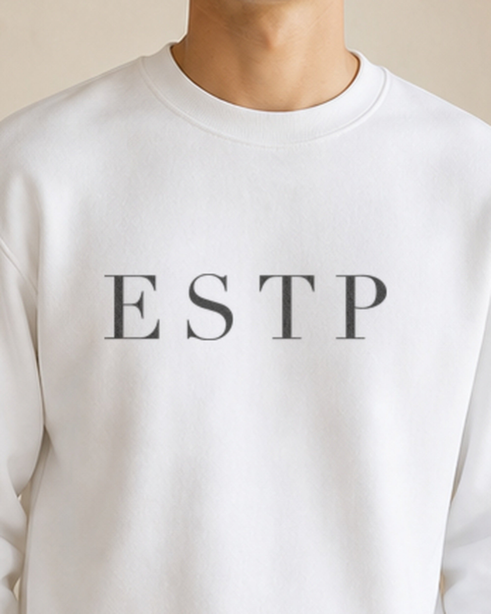 The Typese ESTP Gildan crewneck sweatshirt in white, male front detail