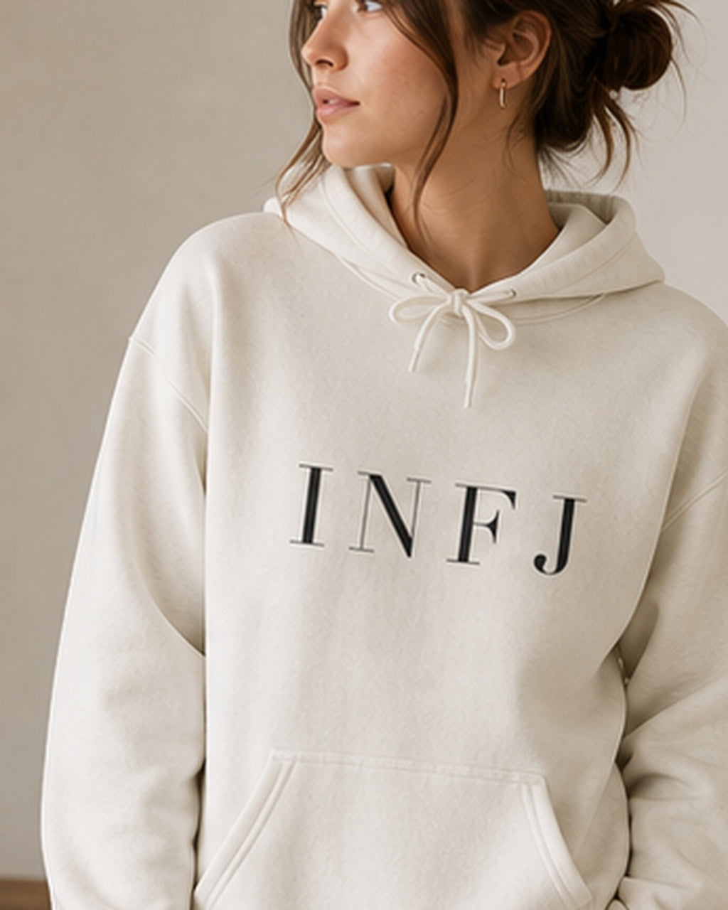 The Typese INFJ Gildan hoodie in white, female front detail