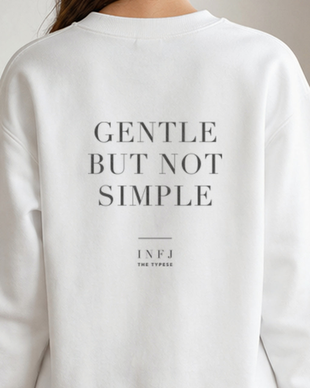The Typese INFJ Gildan crewneck sweatshirt in white, female back detail v7