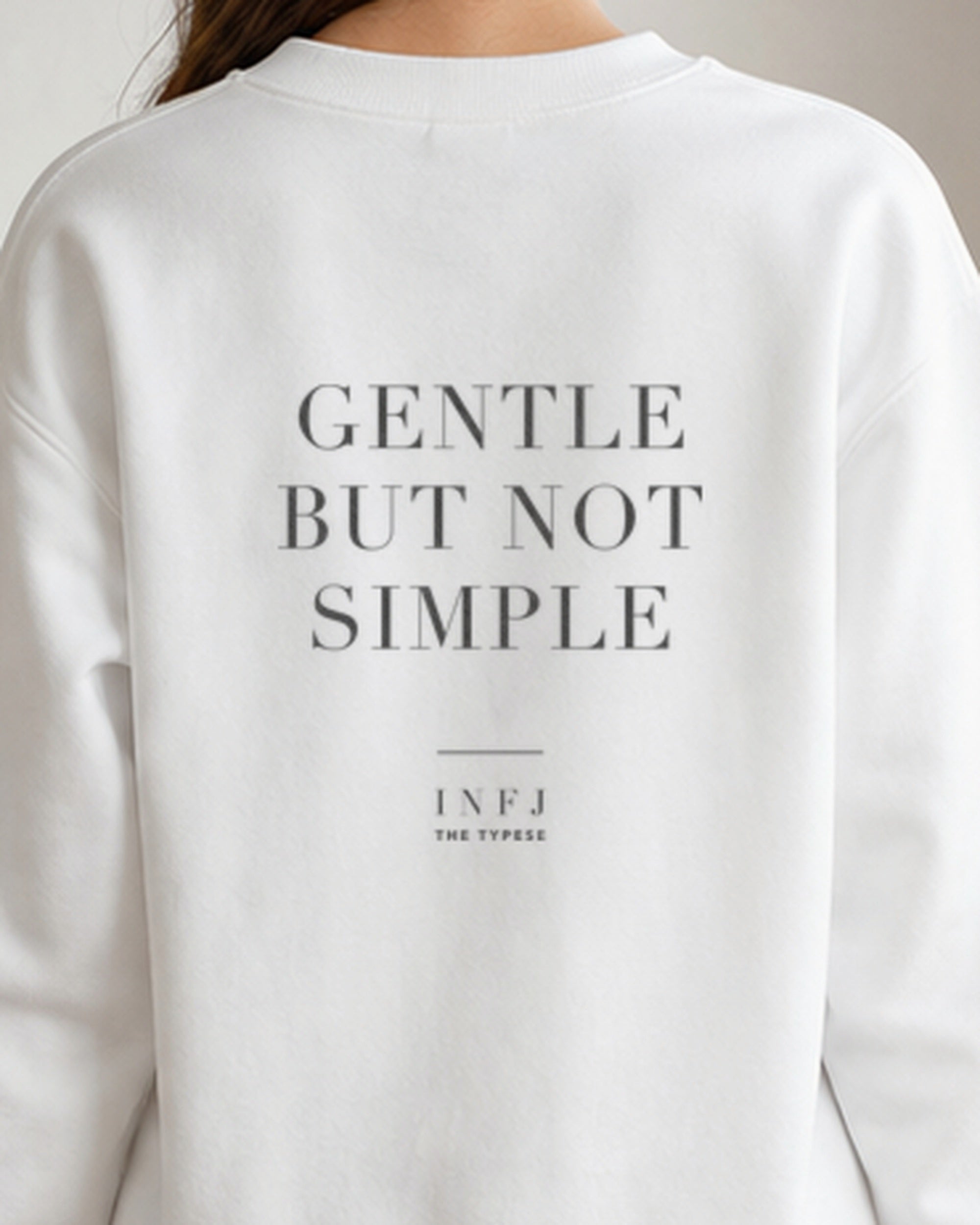 The Typese INFJ Gildan crewneck sweatshirt in white, female back detail v7