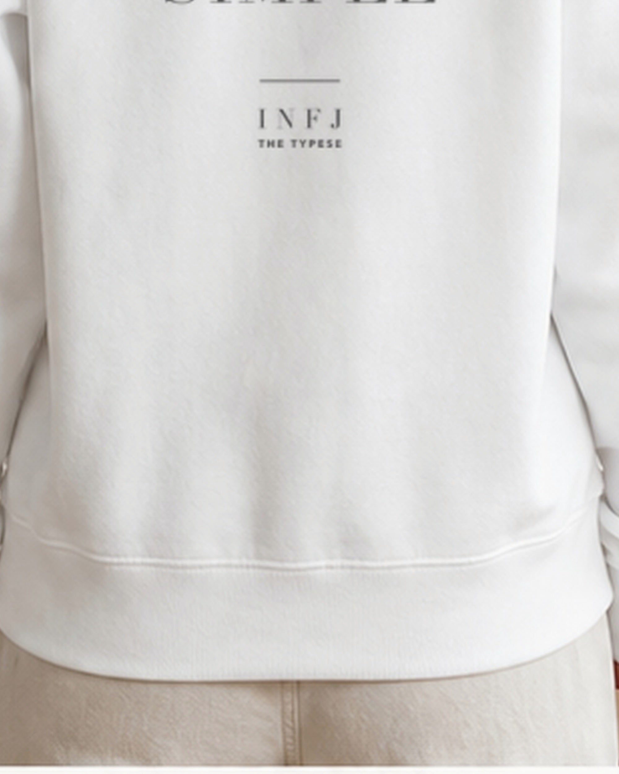 The Typese INFJ Gildan crewneck sweatshirt in white, female back hem fleece texture v7