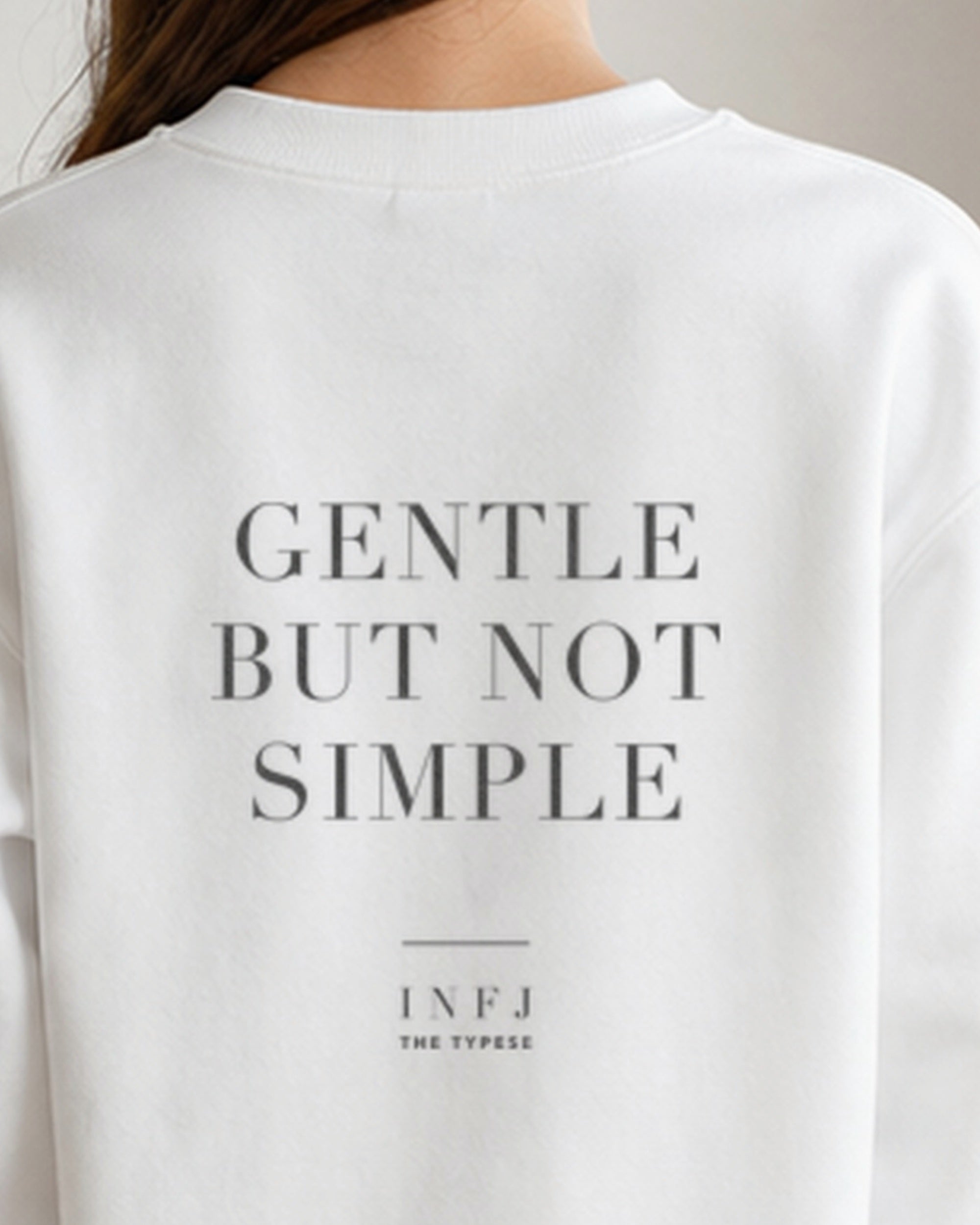 The Typese INFJ Gildan crewneck sweatshirt in white, female back neckline print v7