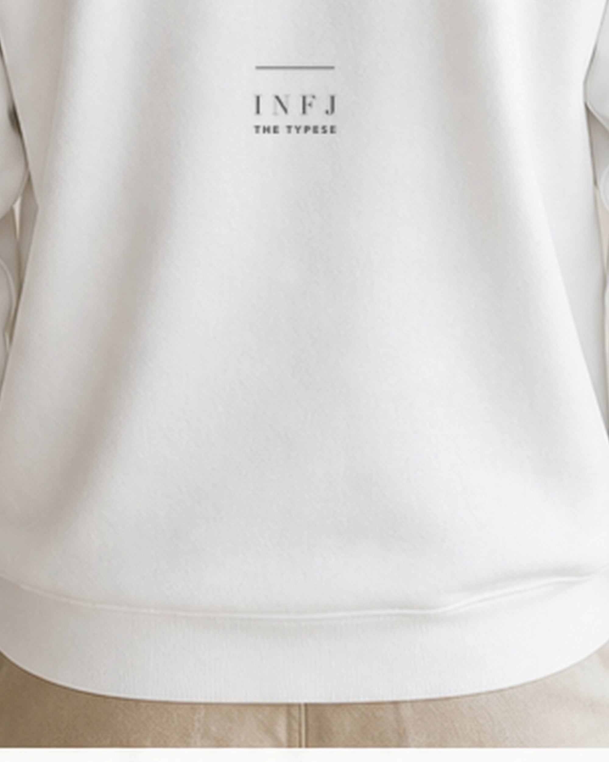 The Typese INFJ Gildan crewneck sweatshirt in white, male back hem fleece texture v7