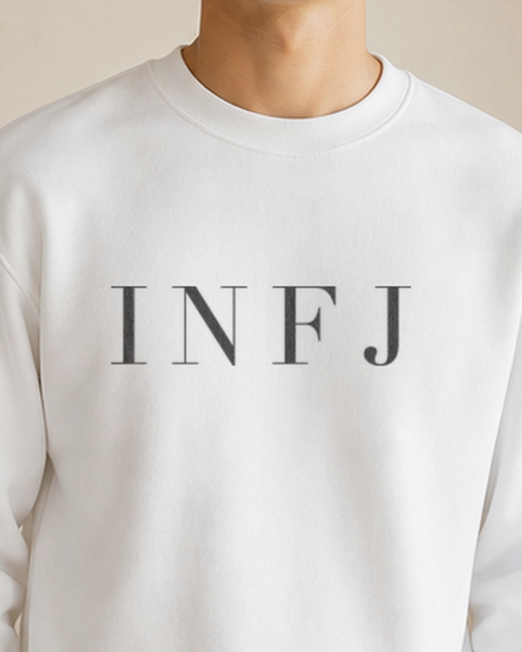 The Typese INFJ Gildan crewneck sweatshirt in white, male front detail v7