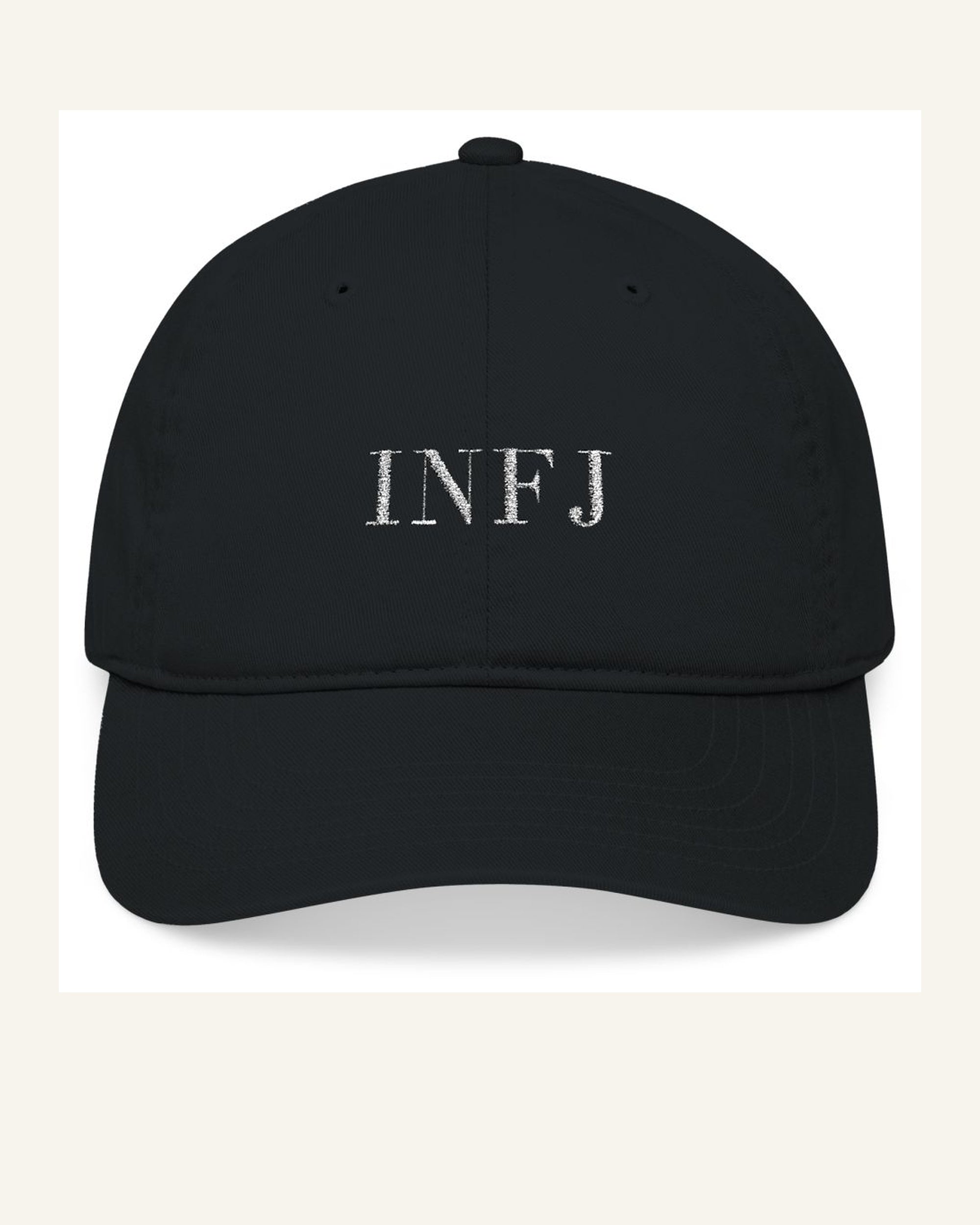 INFJ black organic baseball cap front product photo