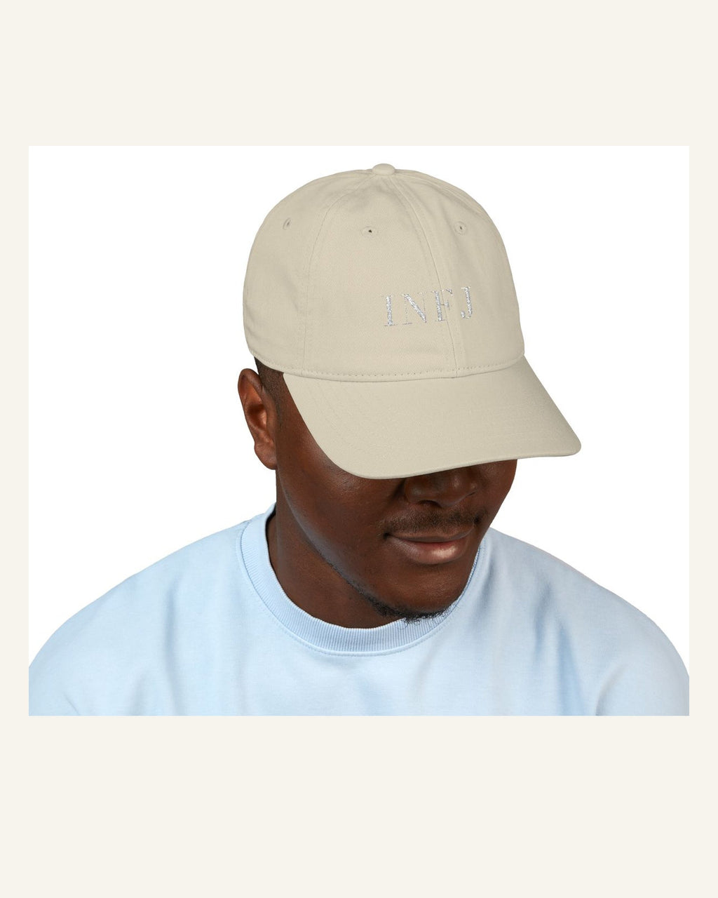 INFJ oyster organic baseball cap model front product photo
