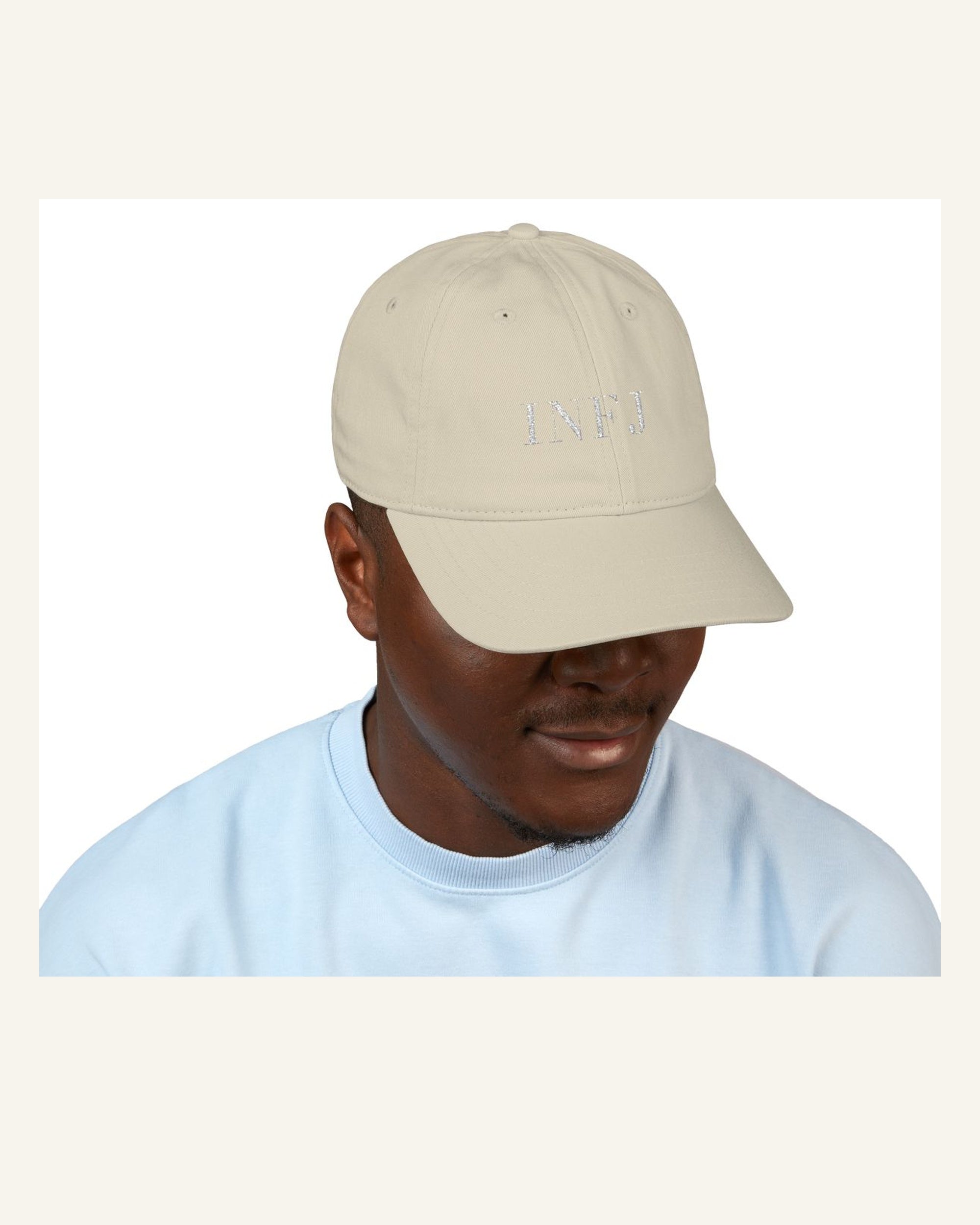 INFJ oyster organic baseball cap model front product photo