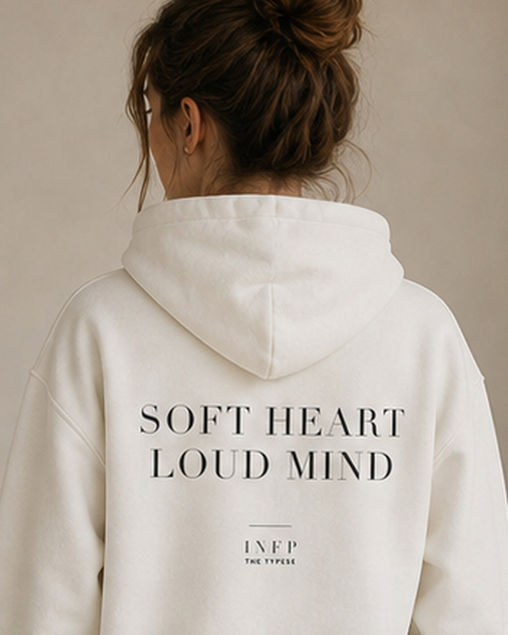The Typese INFP Gildan hoodie in white, female back detail