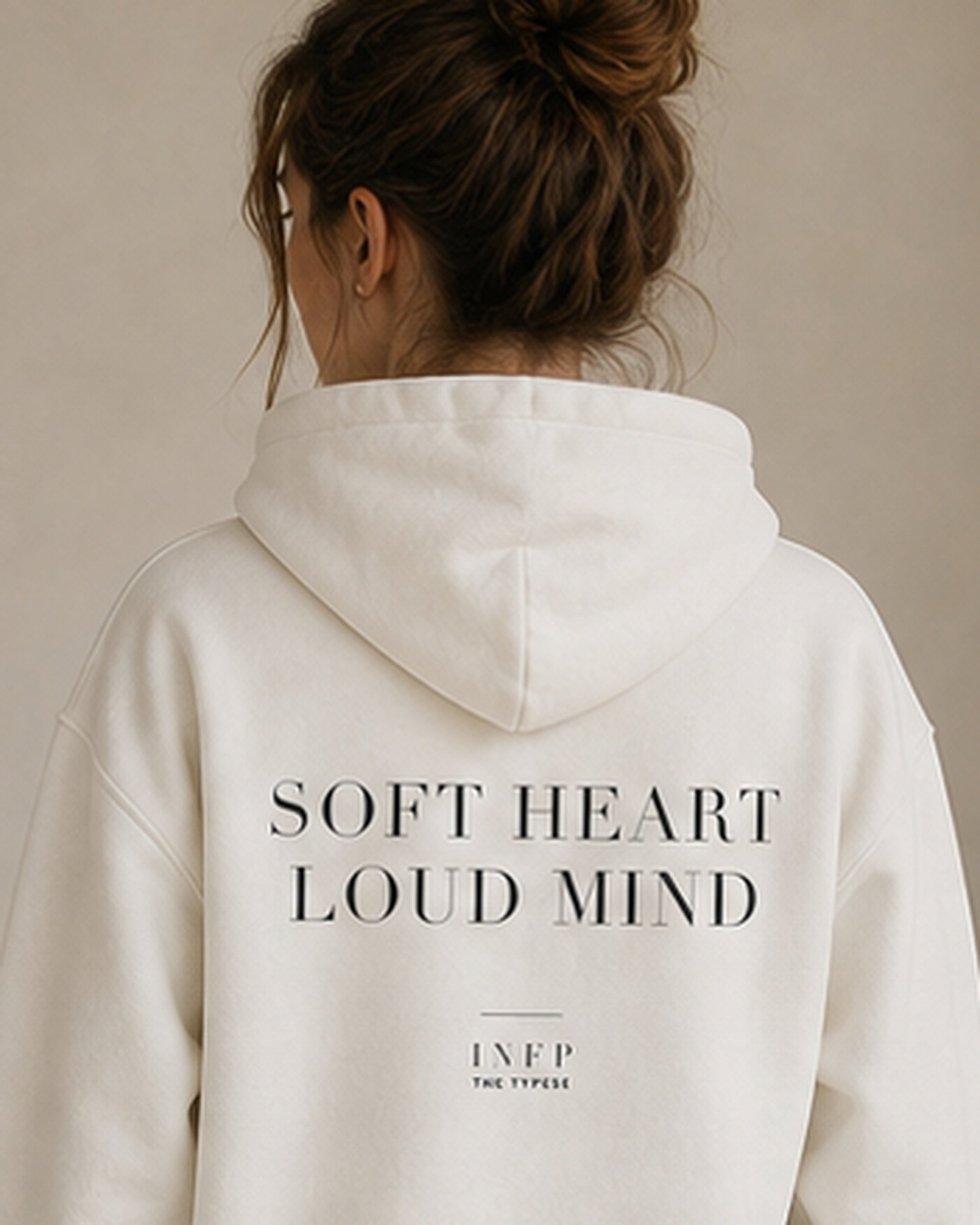 The Typese INFP Gildan hoodie in white, female back detail