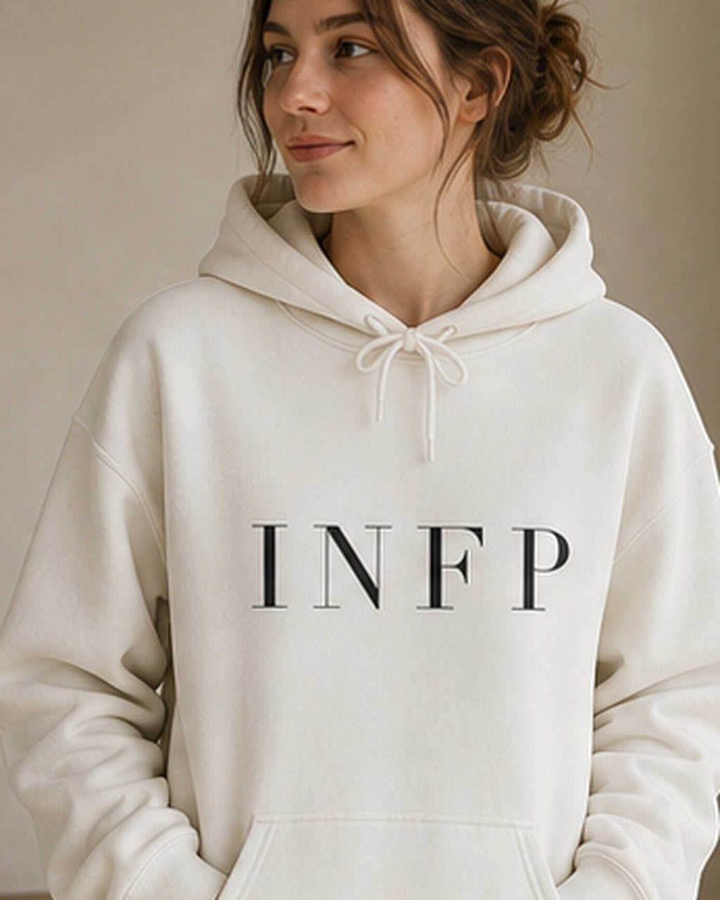 The Typese INFP Gildan hoodie in white, female front detail