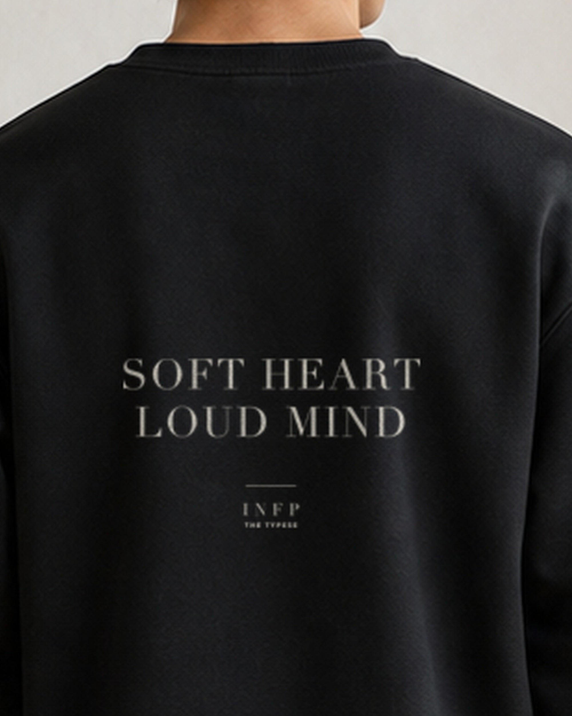 The Typese INFP Gildan crewneck sweatshirt in black, male back neckline print
