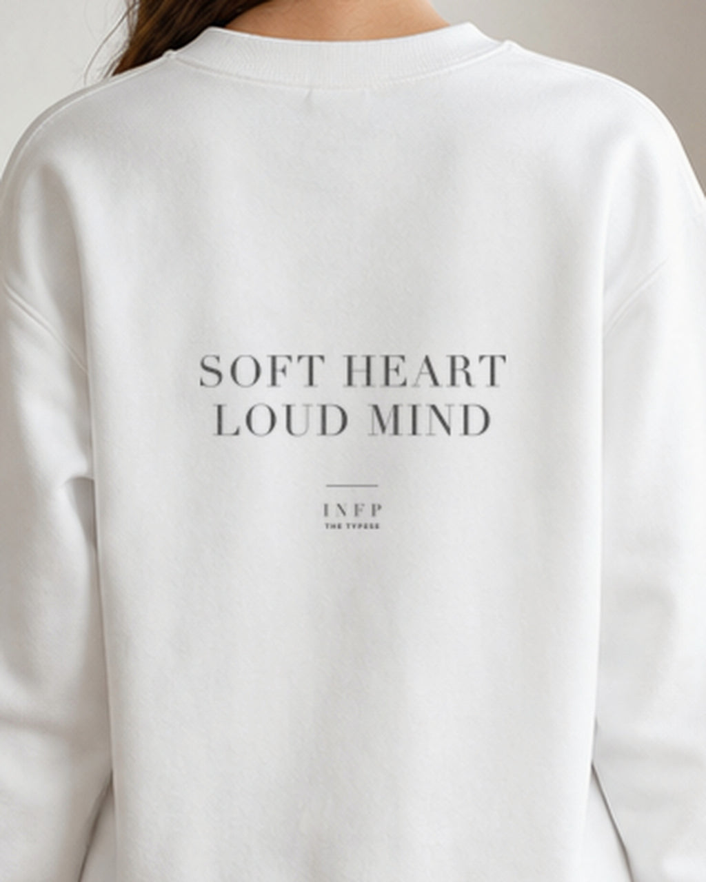 The Typese INFP Gildan crewneck sweatshirt in white, female back detail v7