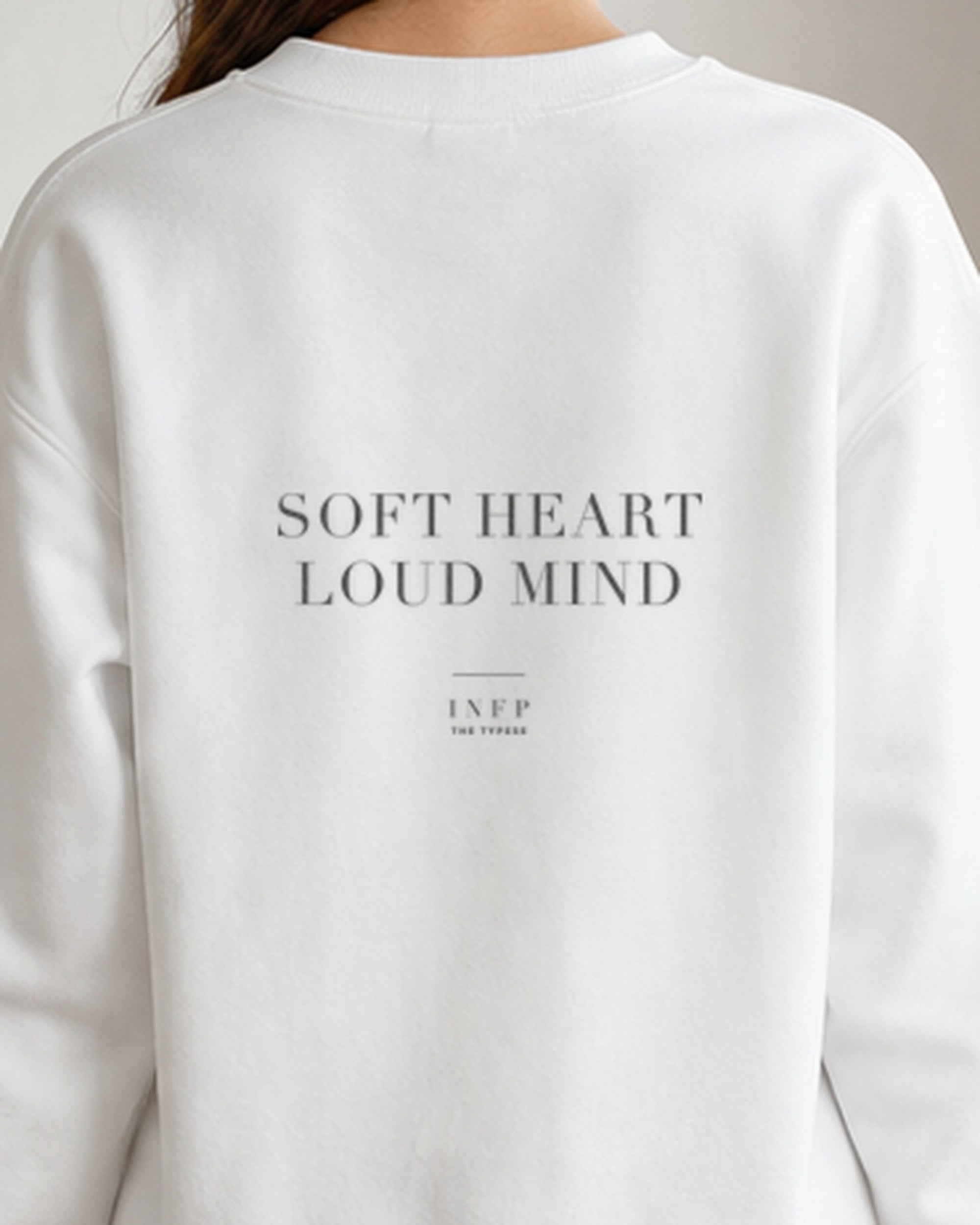 The Typese INFP Gildan crewneck sweatshirt in white, female back detail v7