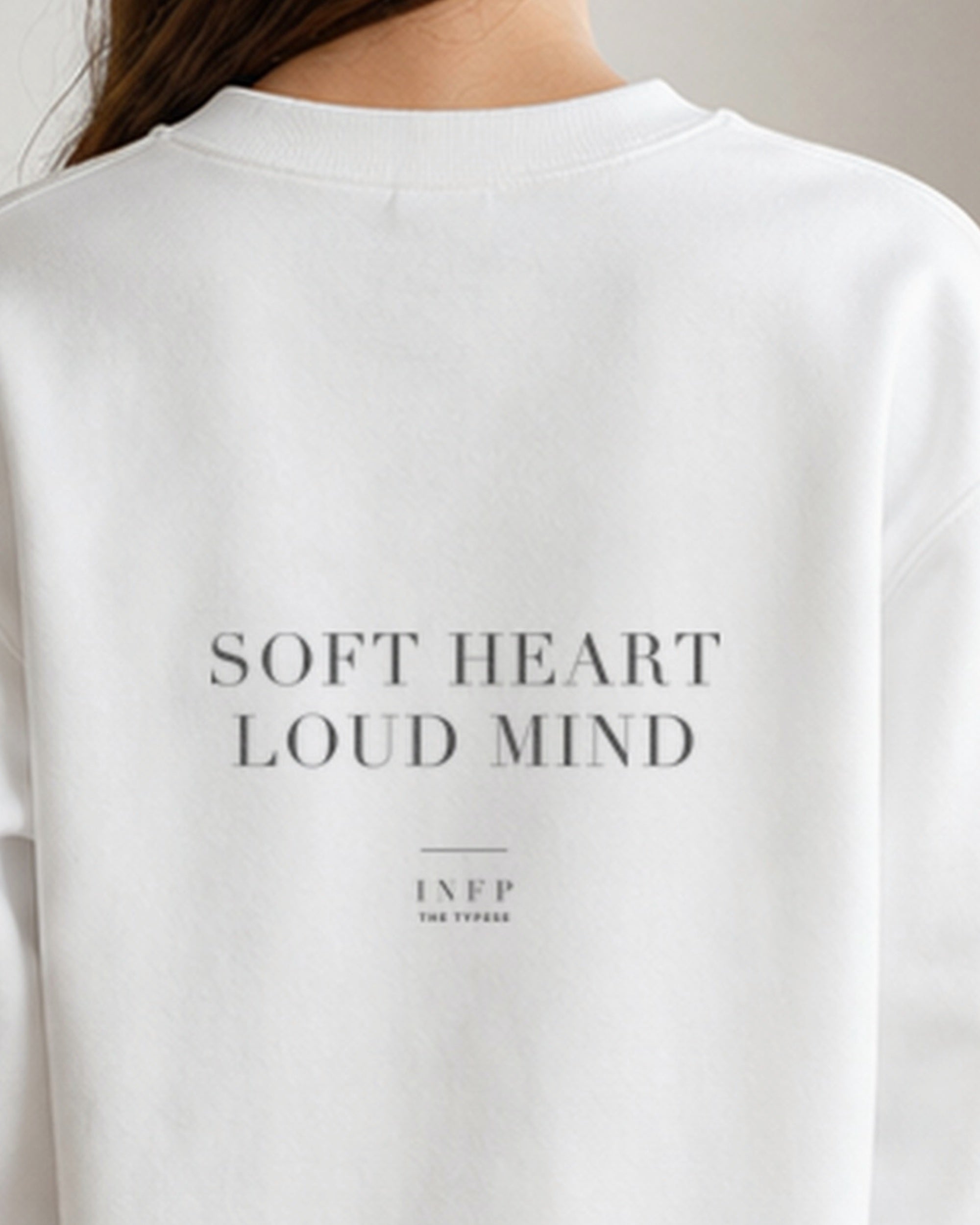 The Typese INFP Gildan crewneck sweatshirt in white, female back neckline print v7
