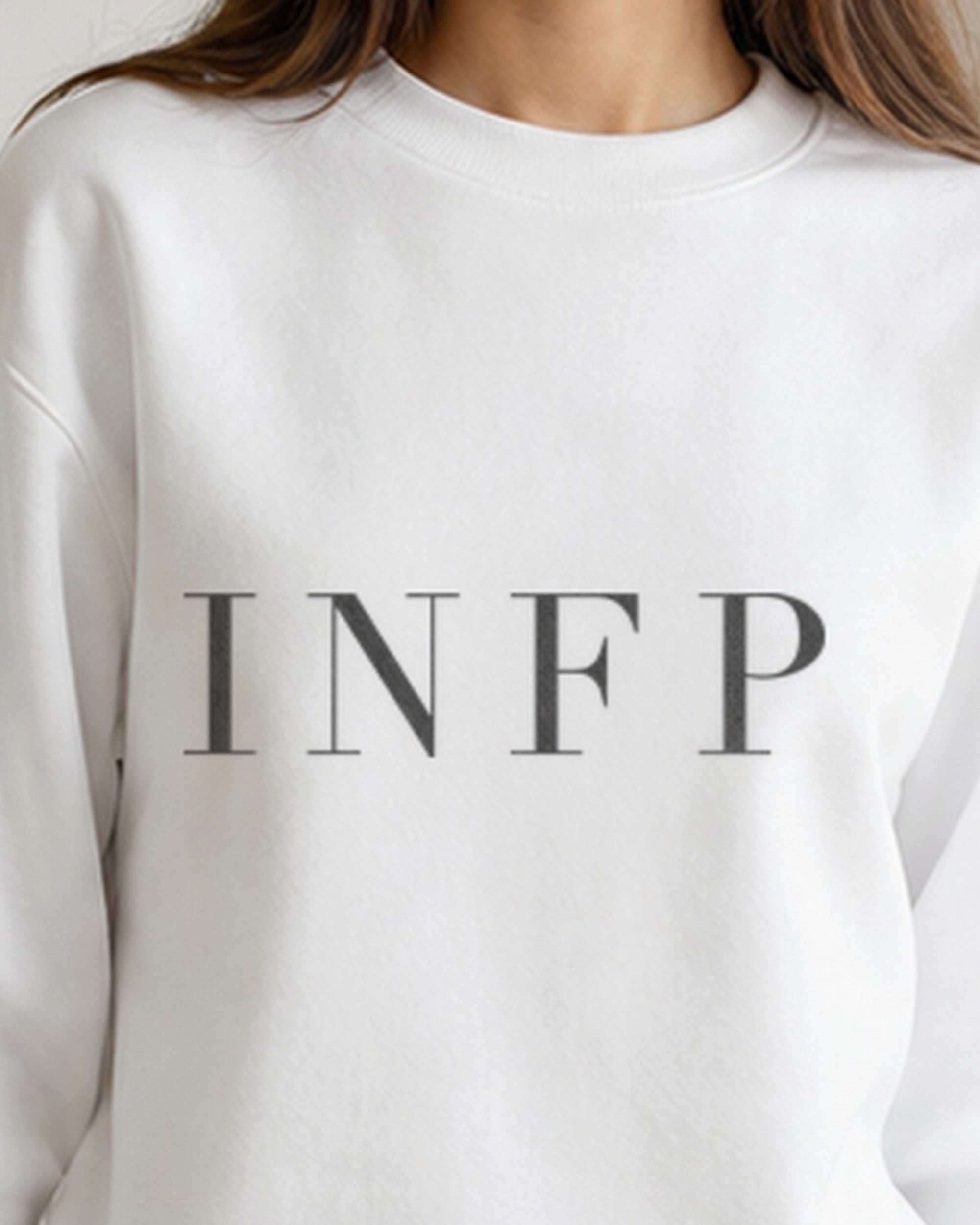 The Typese INFP Gildan crewneck sweatshirt in white, female front neckline fabric v7