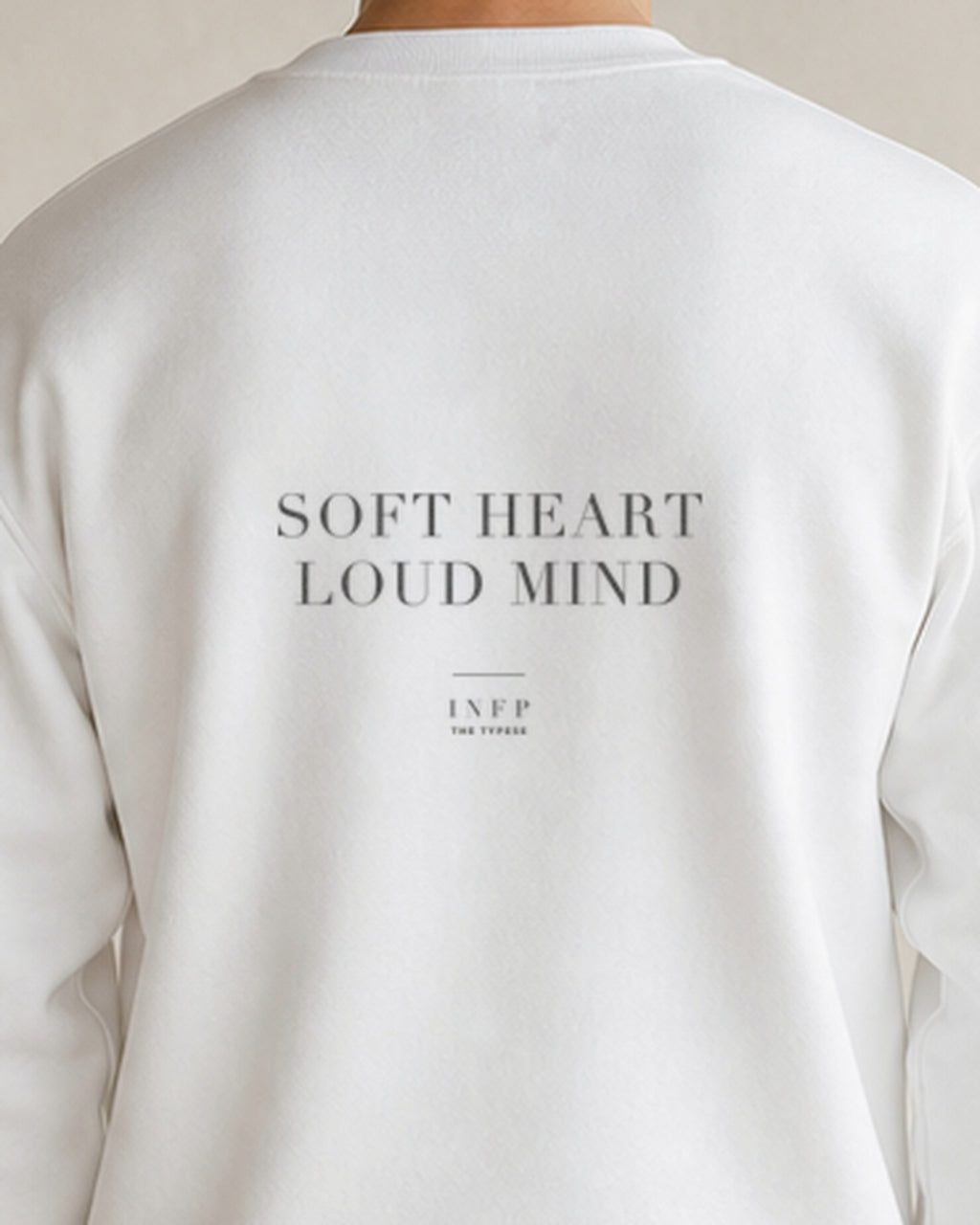 The Typese INFP Gildan crewneck sweatshirt in white, male back detail v7
