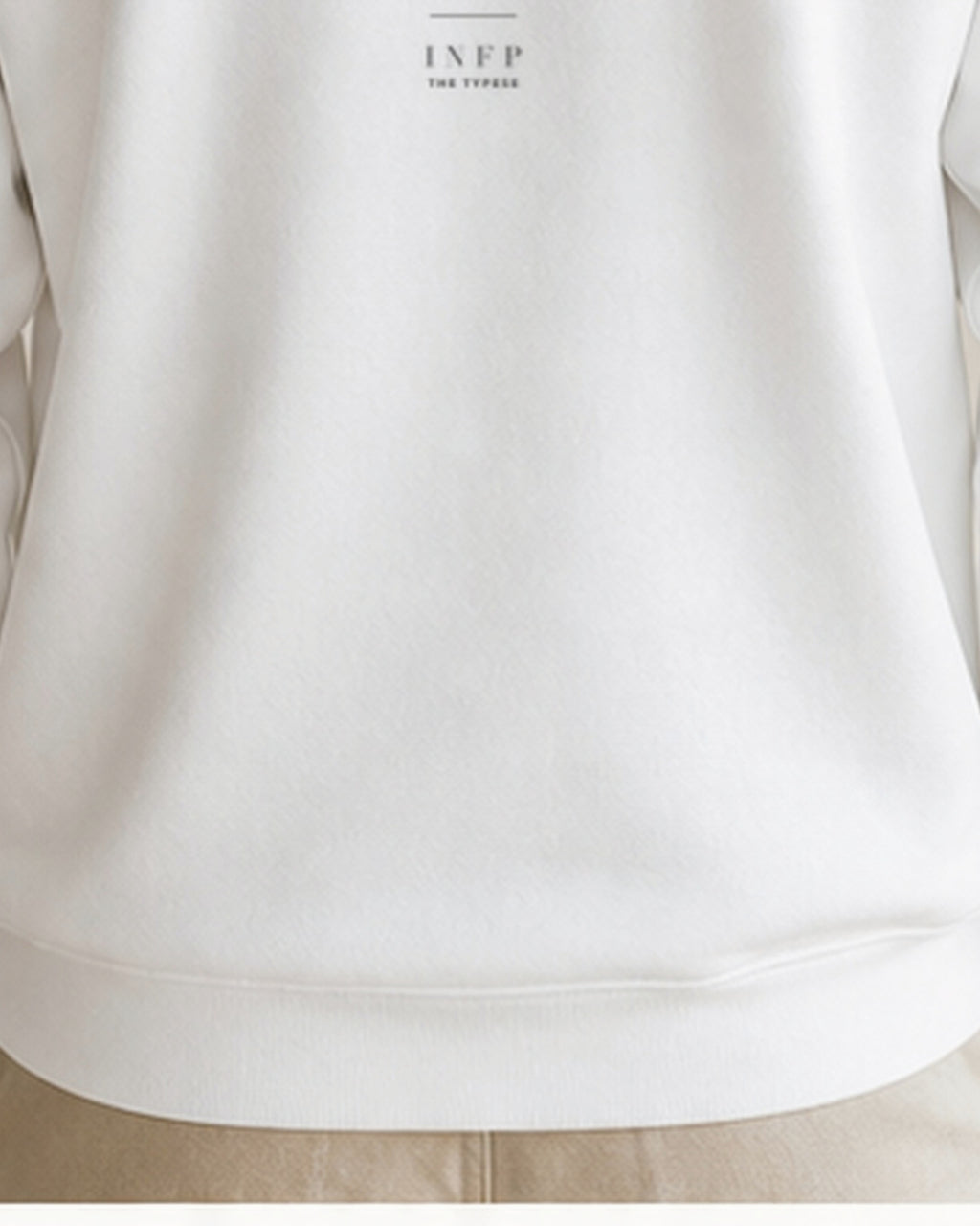 The Typese INFP Gildan crewneck sweatshirt in white, male back hem fleece texture v7