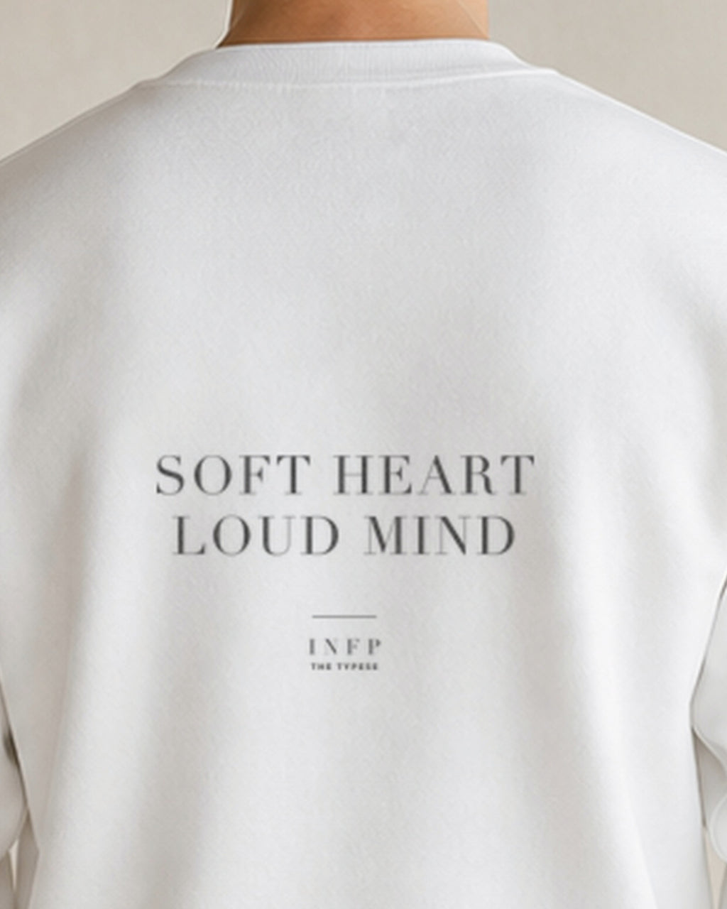 The Typese INFP Gildan crewneck sweatshirt in white, male back neckline print v7