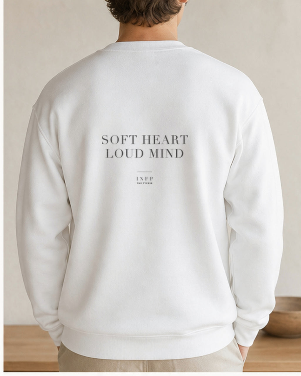 The Typese INFP Gildan crewneck sweatshirt in white, male back v7