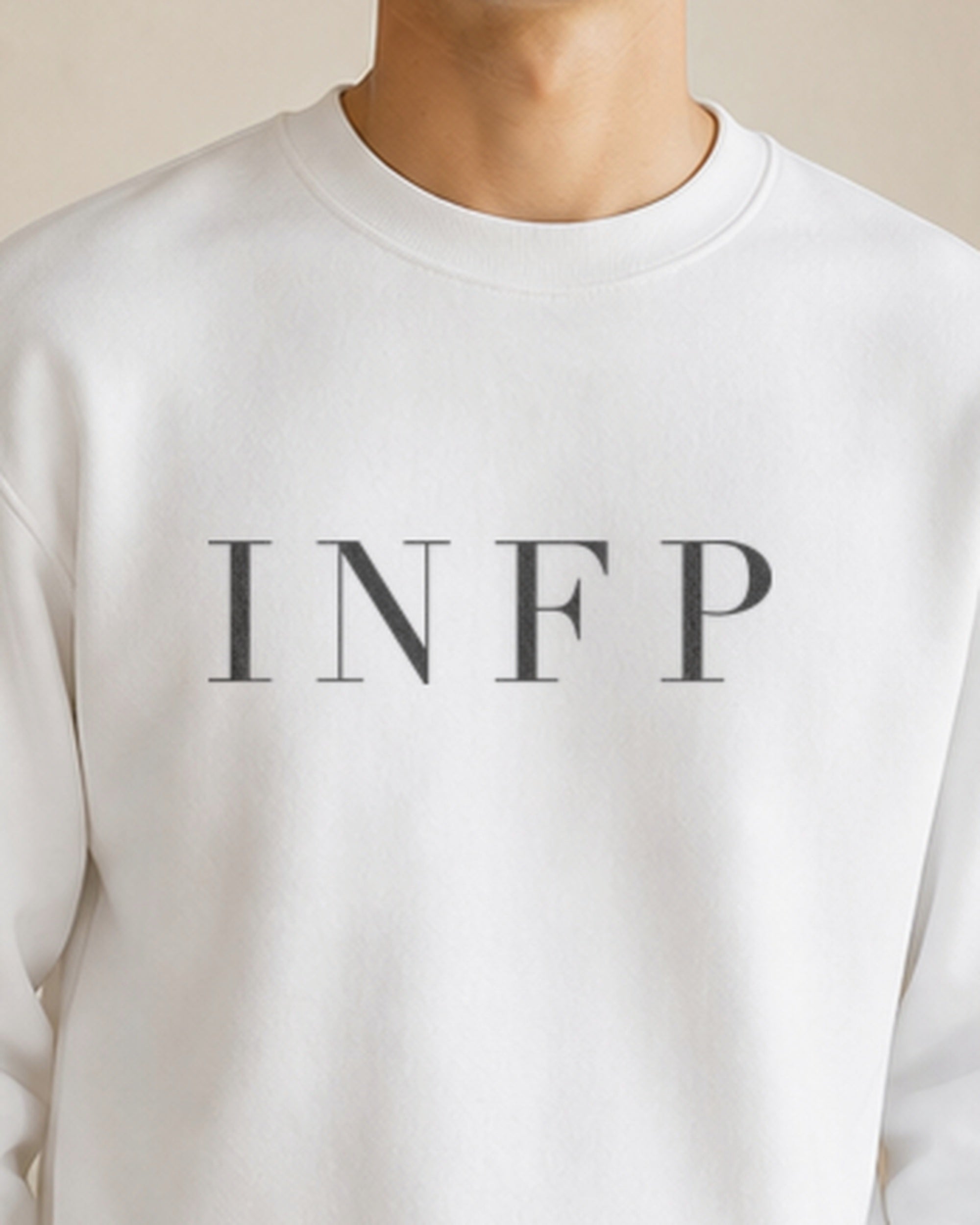 The Typese INFP Gildan crewneck sweatshirt in white, male front detail v7